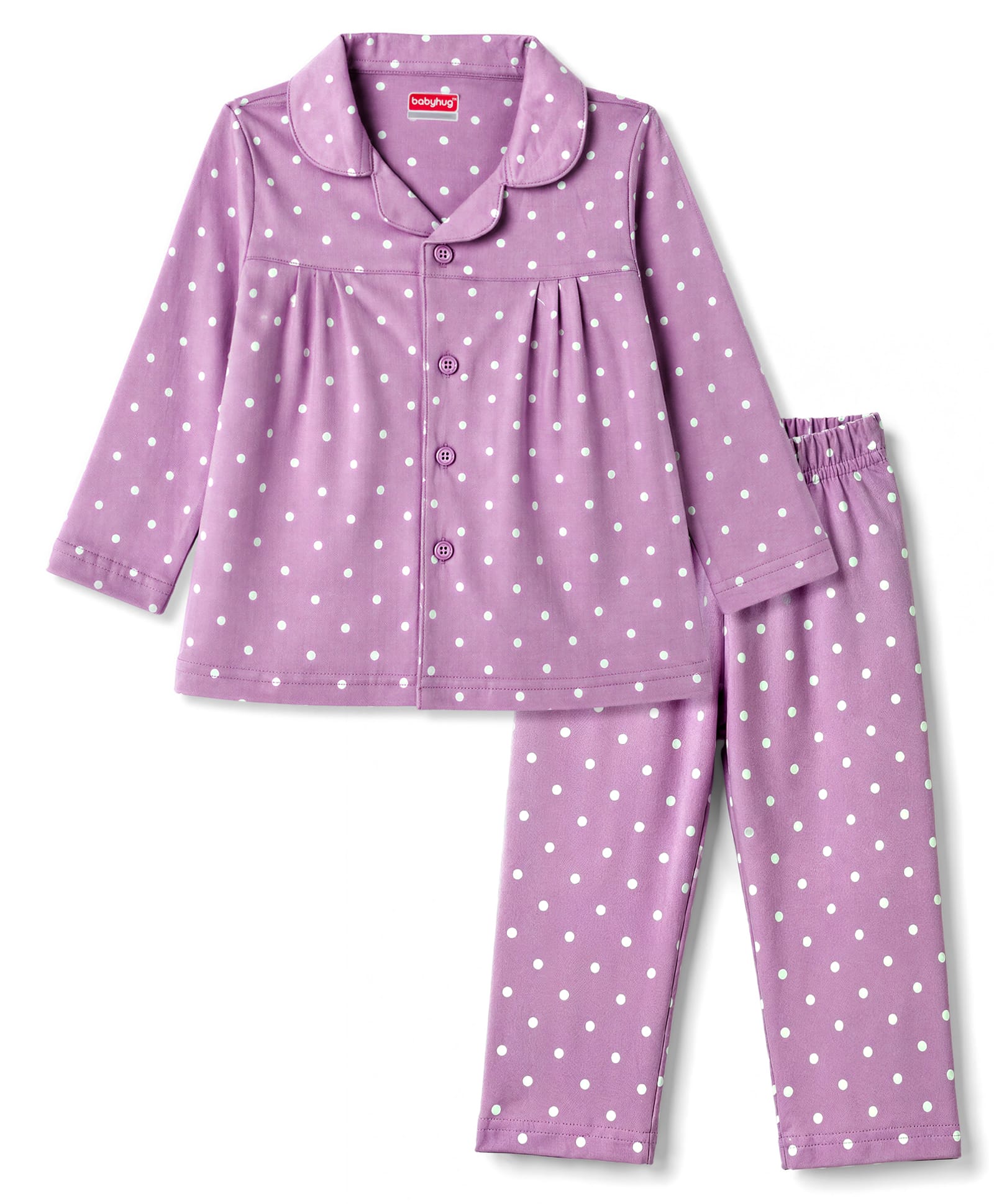 Babyhug Cotton Knit Full Sleeves Top & Pyjama Night Suit with Polka Dots Print - Lavender-image-39