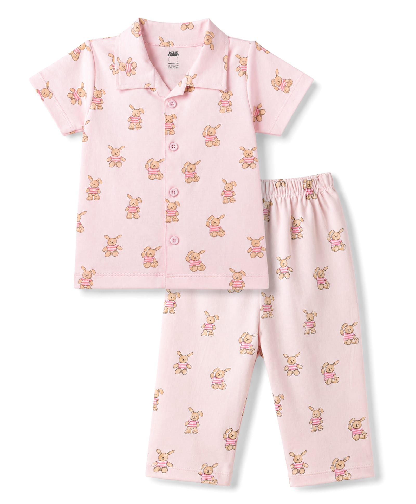 Pink Rabbit Sinker Knit Half Sleeves Shirt & Pyjama Co-Ord Night Suit With Bunny Print - Peach-picture-23