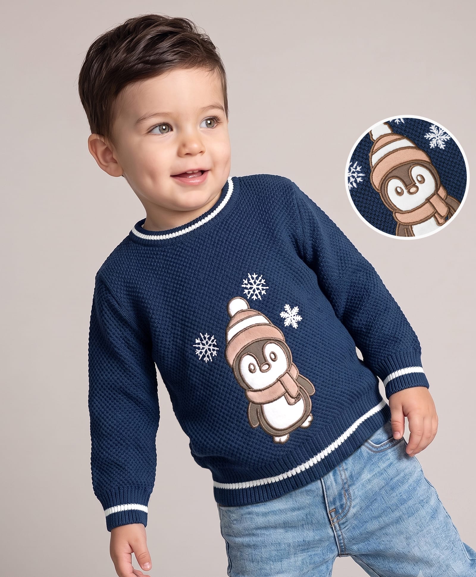 Babyoye 100% Cotton Jacquard Knit Full Sleeves Pullover with Penguin Embroidered - Navy-image-47