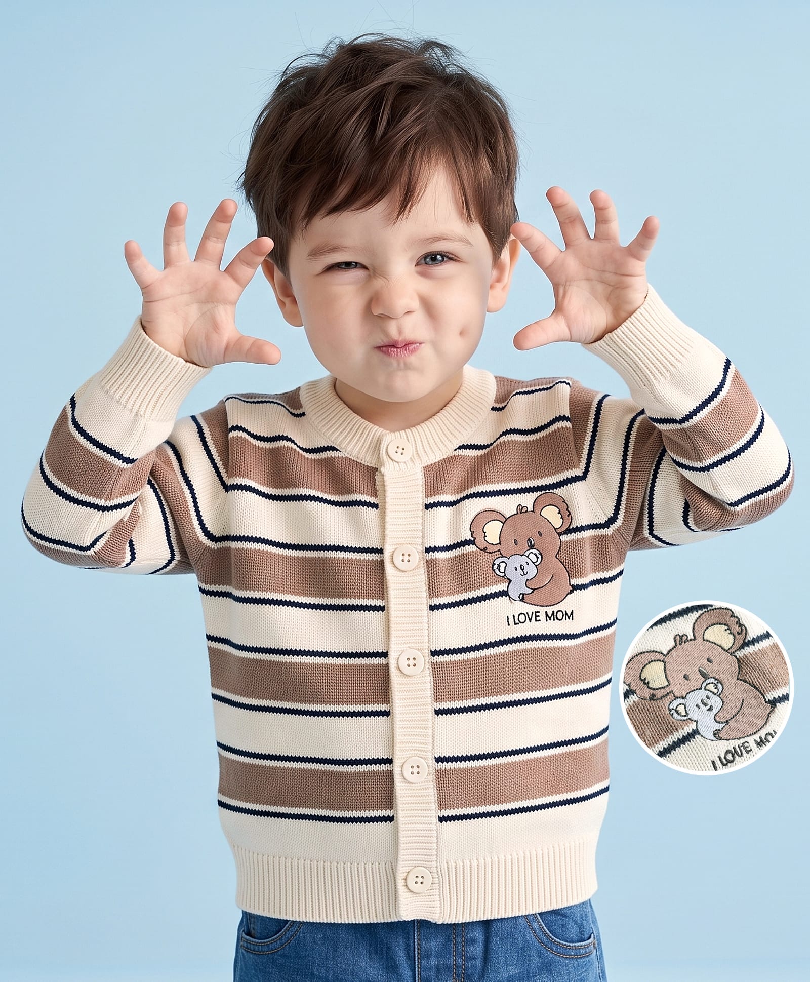 Babyoye 100% Cotton Jacquard Knit Full Sleeves Front Open Sweater with Stripes & Koala Design - Beige-picture-4