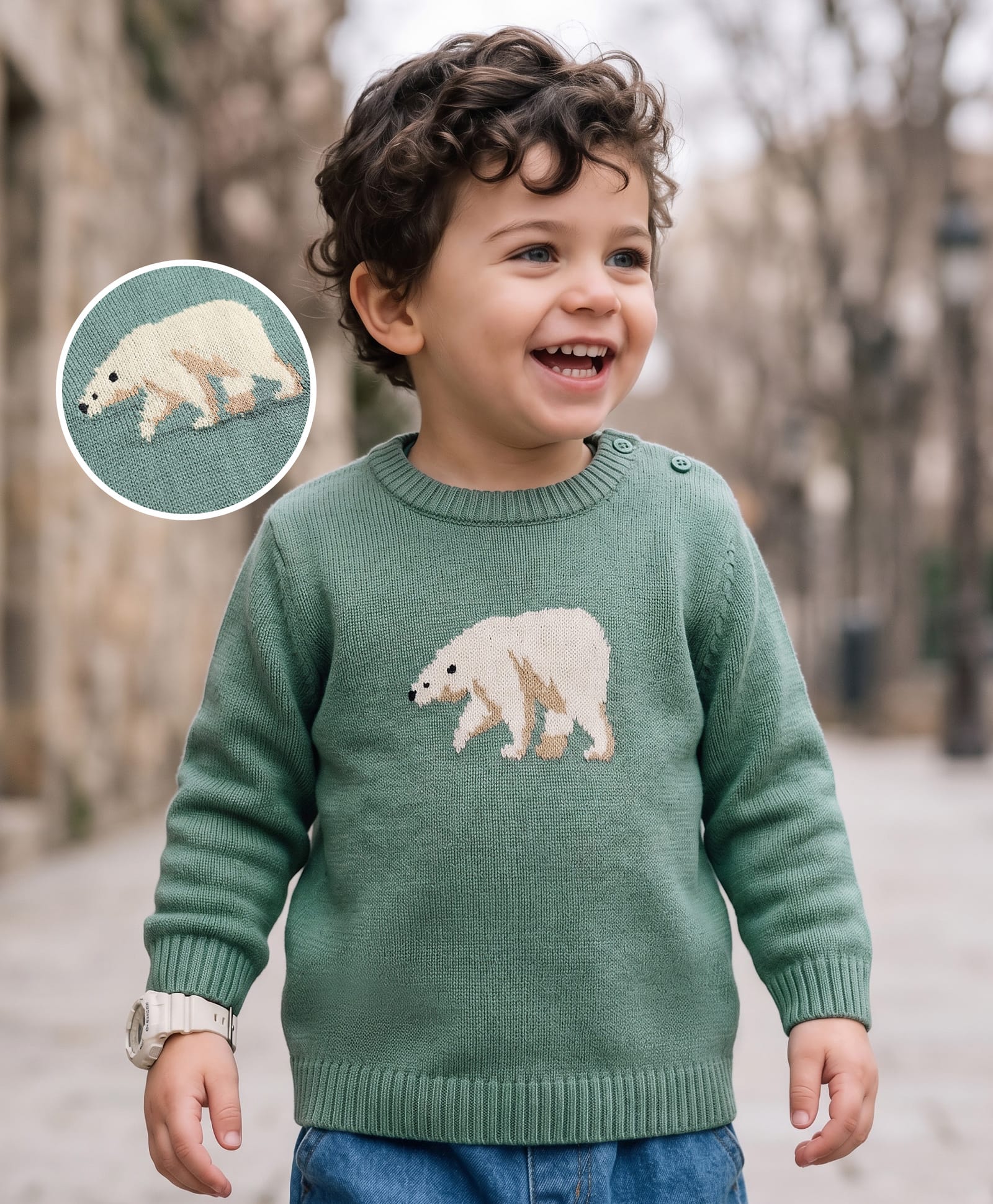 Babyoye 100% Cotton Knit Full Sleeves Pullover Sweater With Bear Design - Teal Blue-image-20