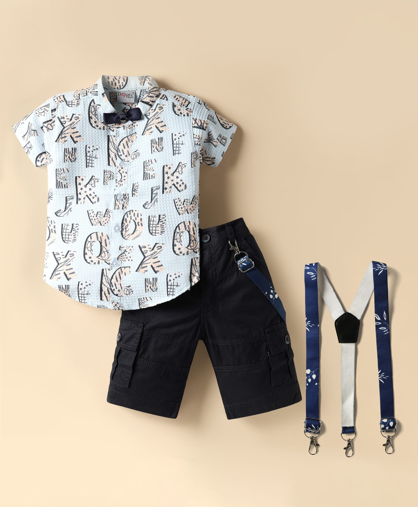 Dapper Dudes Cotton Knit Woven Half Sleeves Party Shirt & Shorts With Bow & Suspender With Alphabet Print - Light Blue-picture-28