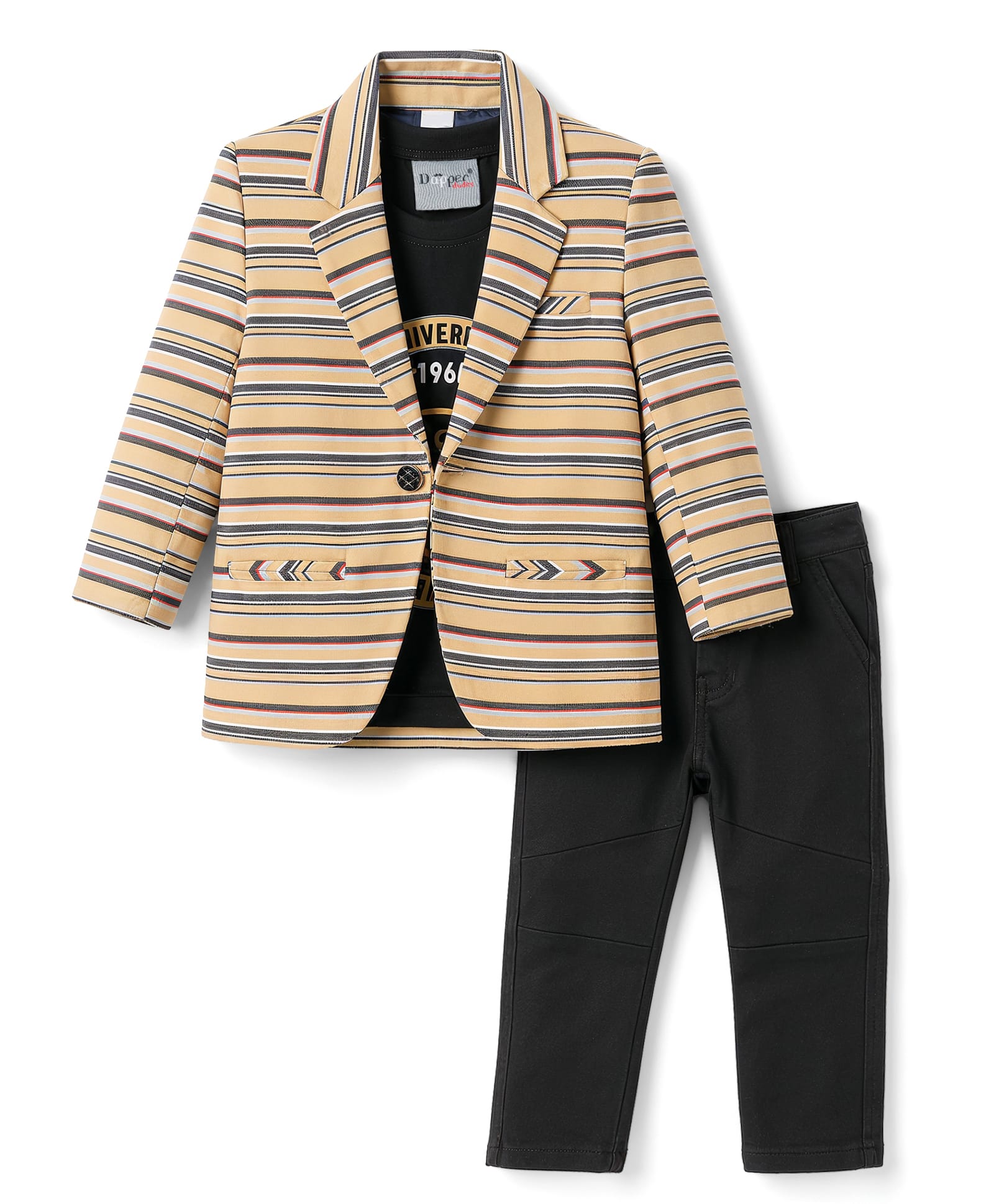 Dapper Dudes Cotton Knit Party T-Shirt & Pant With Striped Blazer - Yellow-image-12