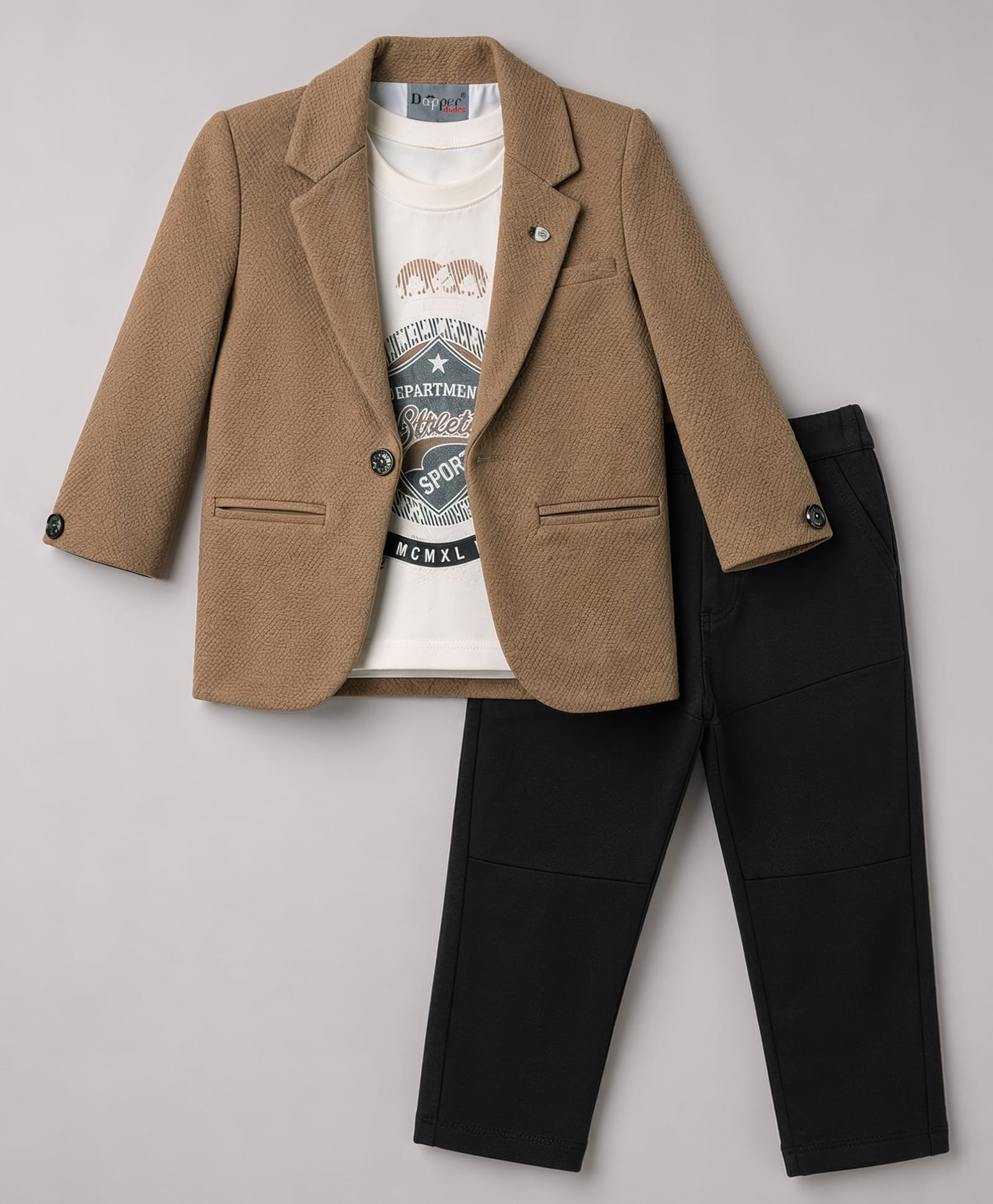Dapper Dudes Cotton Knit Half Sleeves Printed Party T-Shirt & Pant With Blazer - Brown-image-20