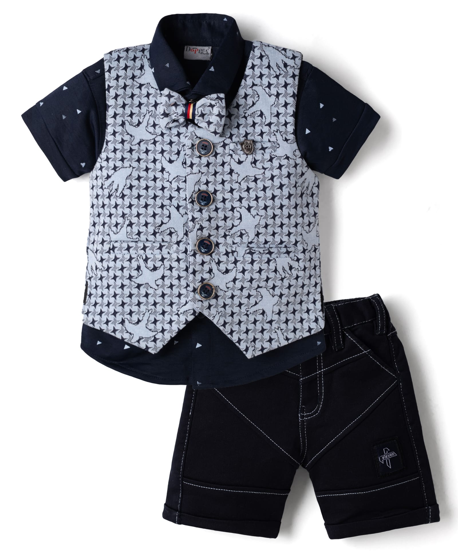 Dapper Dudes Cotton Knit Half Sleeves Printed Party Suit With Bow Applique - Sky Blue-picture-23