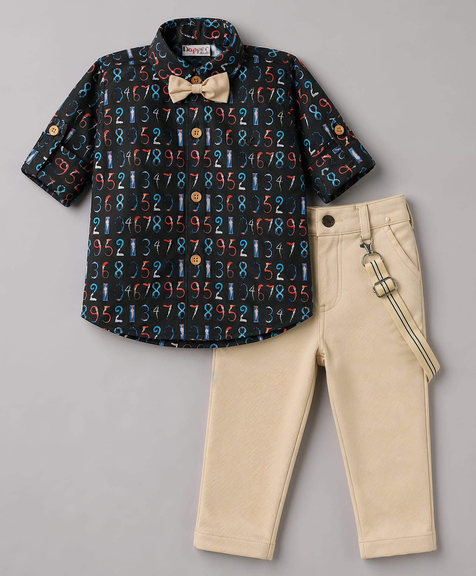 Dapper Dudes Cotton Knit Full Sleeves Party Shirt & Pant With Bow Suspender & Number Print - Multicolor-image-35