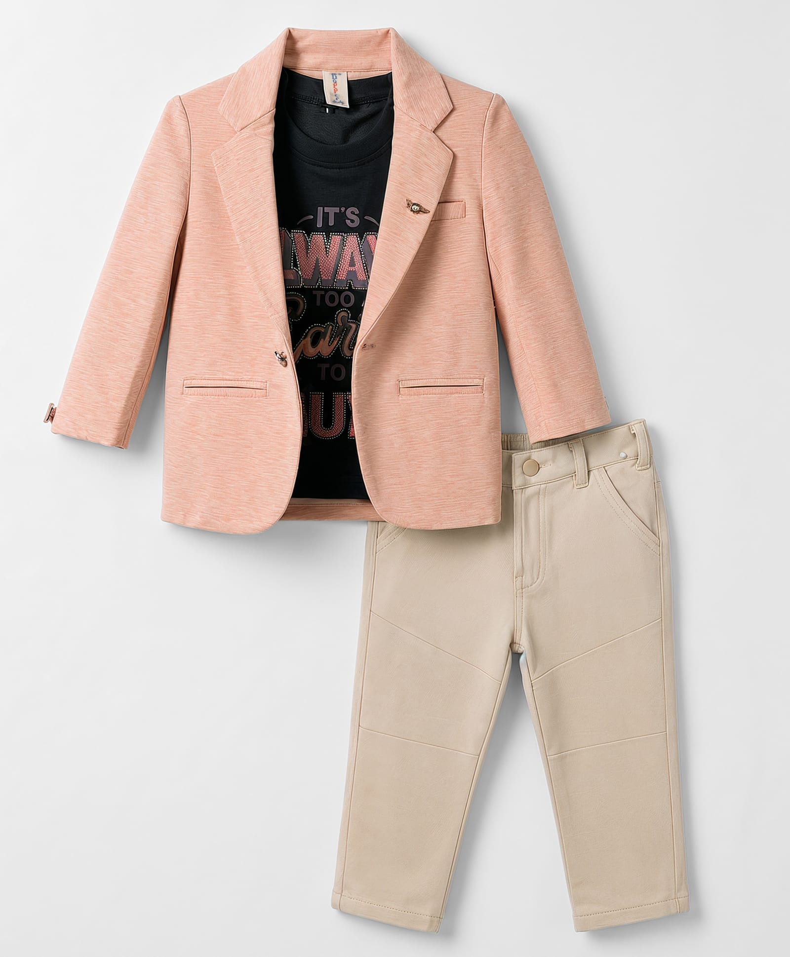 Dapper Dudes Cotton Knit Half Sleeves Text Print Party T-Shirt & Pant With Blazer - Peach-picture-15