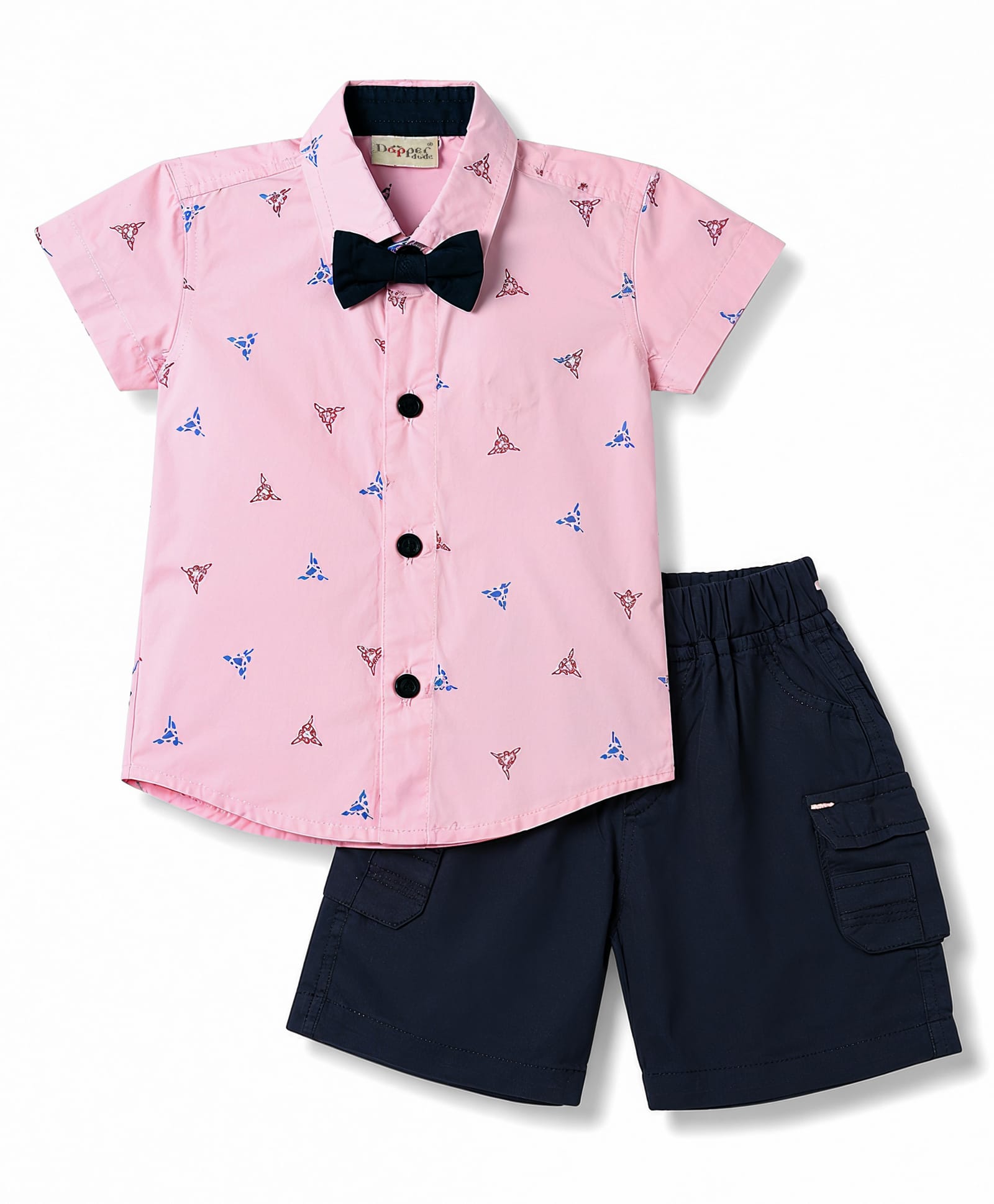 Dapper Dudes Cotton Knit Half Sleeves Printed Party Shirt & Shorts Set With Bow - Pink-picture-22