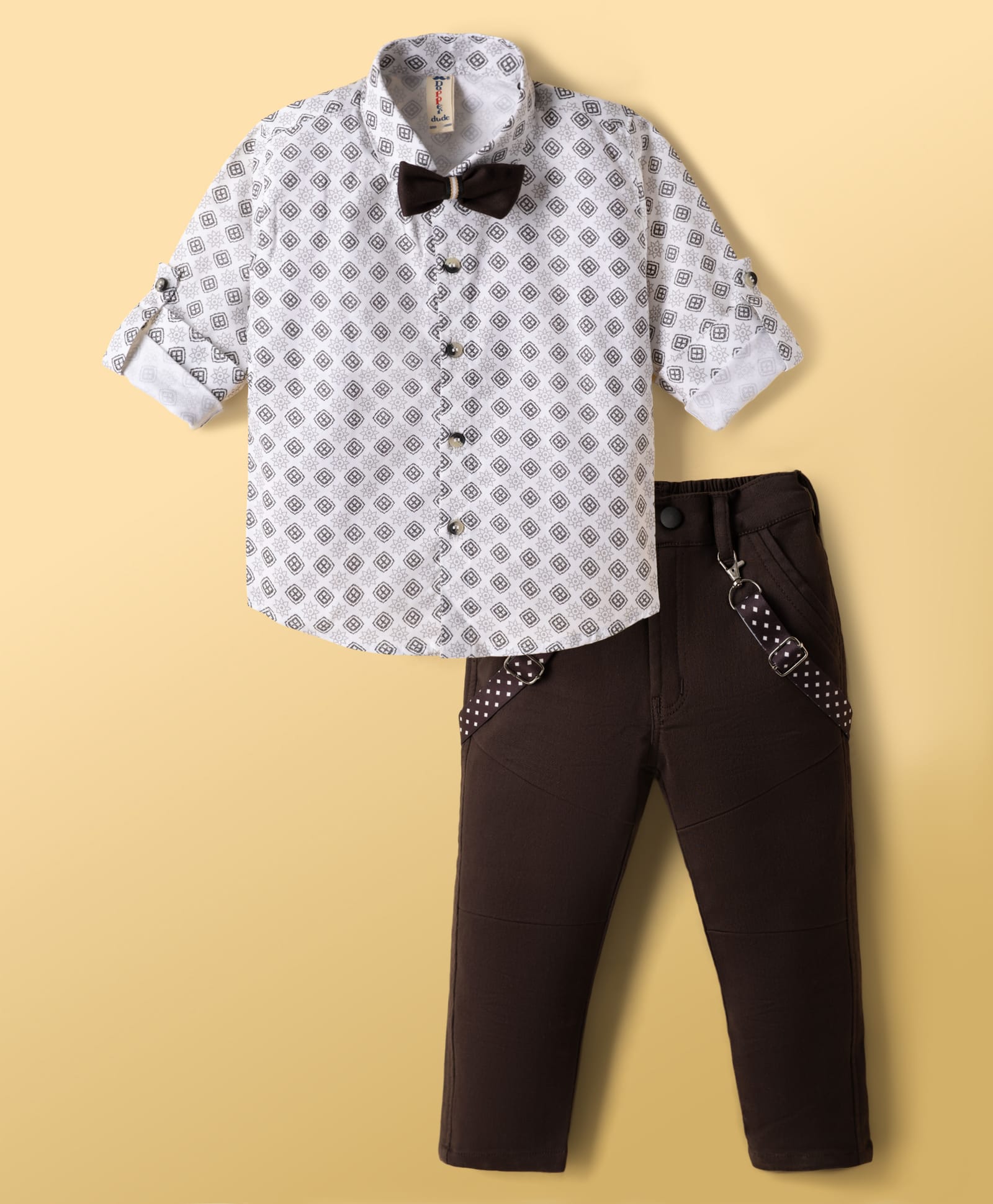 Dapper Dudes Cotton Knit Full Sleeves Printed Party Shirt & Pant With Bow Suspender - Brown & White-image-25