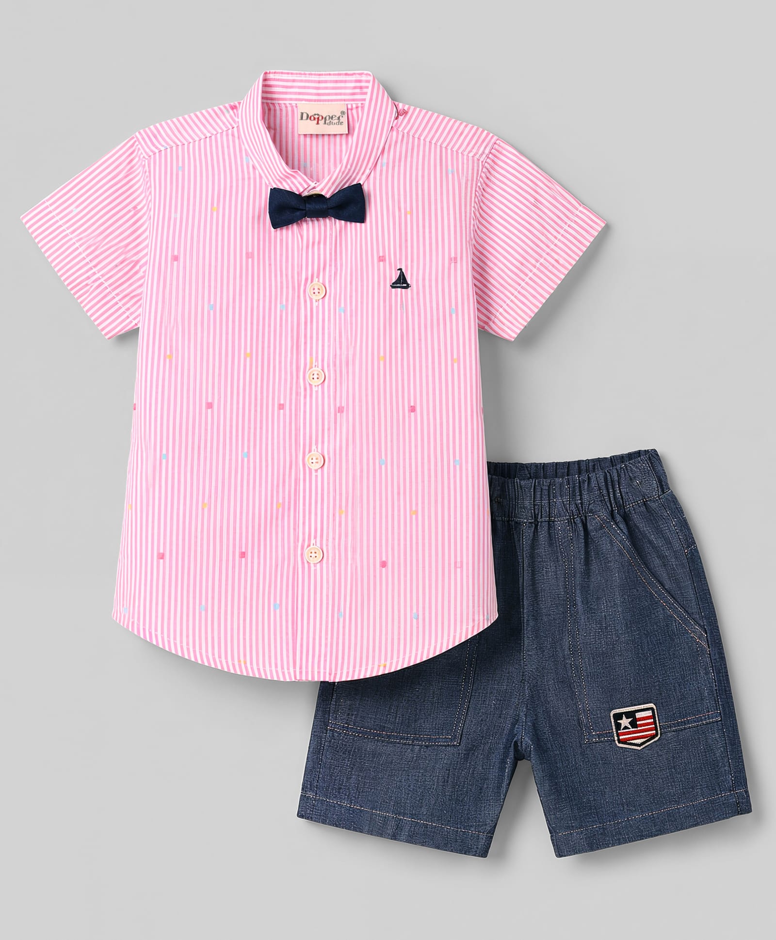 Dapper Dudes Cotton Mixes Knit Half Sleeves Striped & Nautical Theme Embroidered Shirt & Shorts Set With Bow - Pink-picture-38