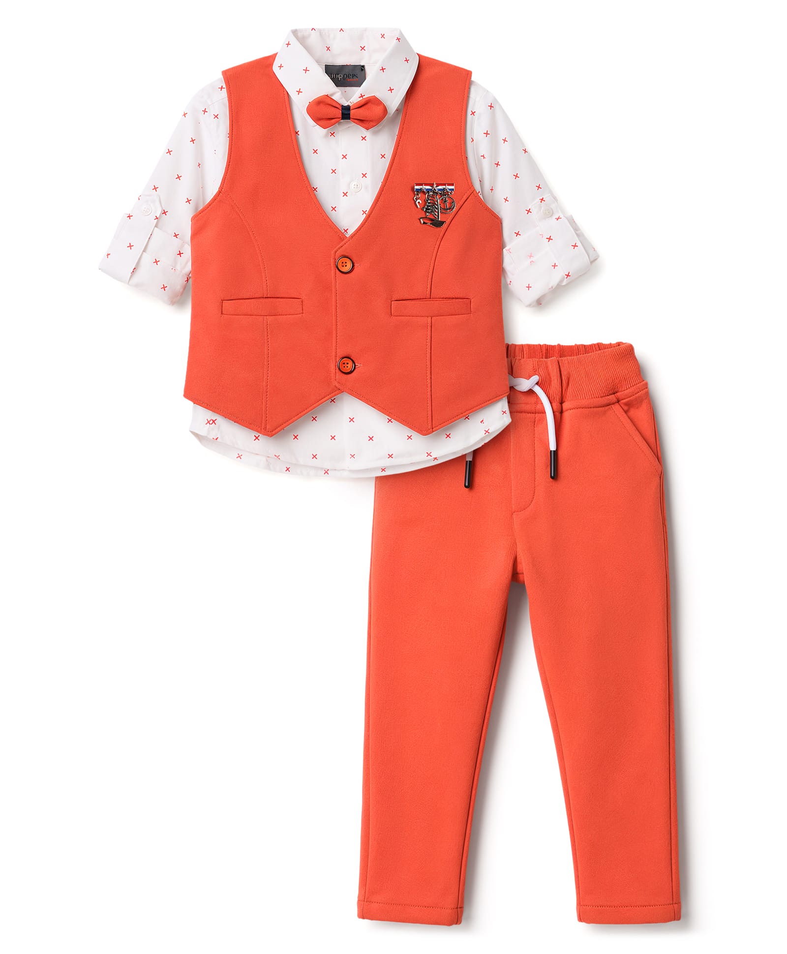 Dapper Dudes Cotton Knit Party Printed 3 Piece Suit With Cap Bow & Brooch - Orange-image-26