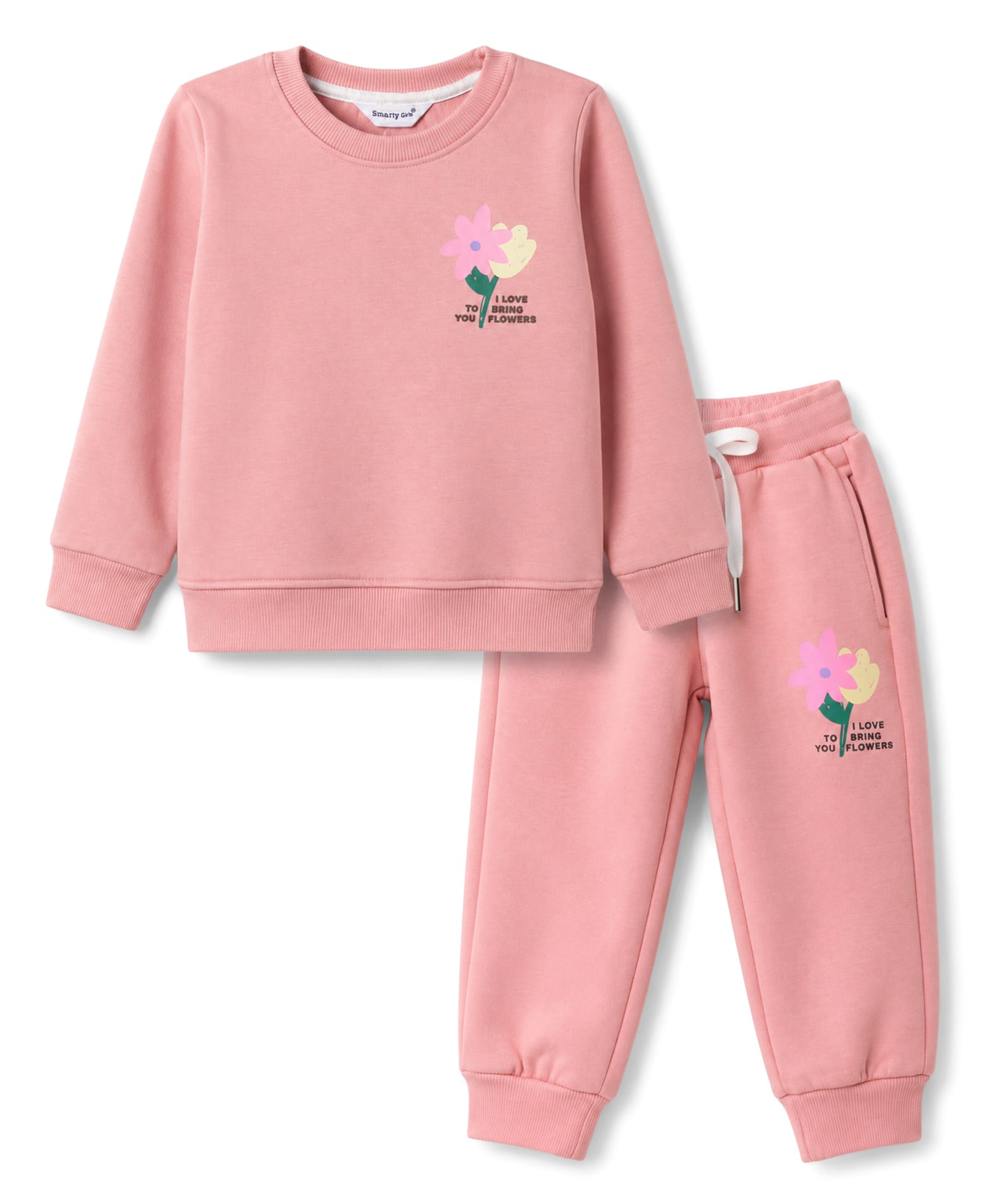 Smarty Girls Fleece Knit Full Sleeves Sweatshirt & Pant Set With Floral Print - Pink-picture-10