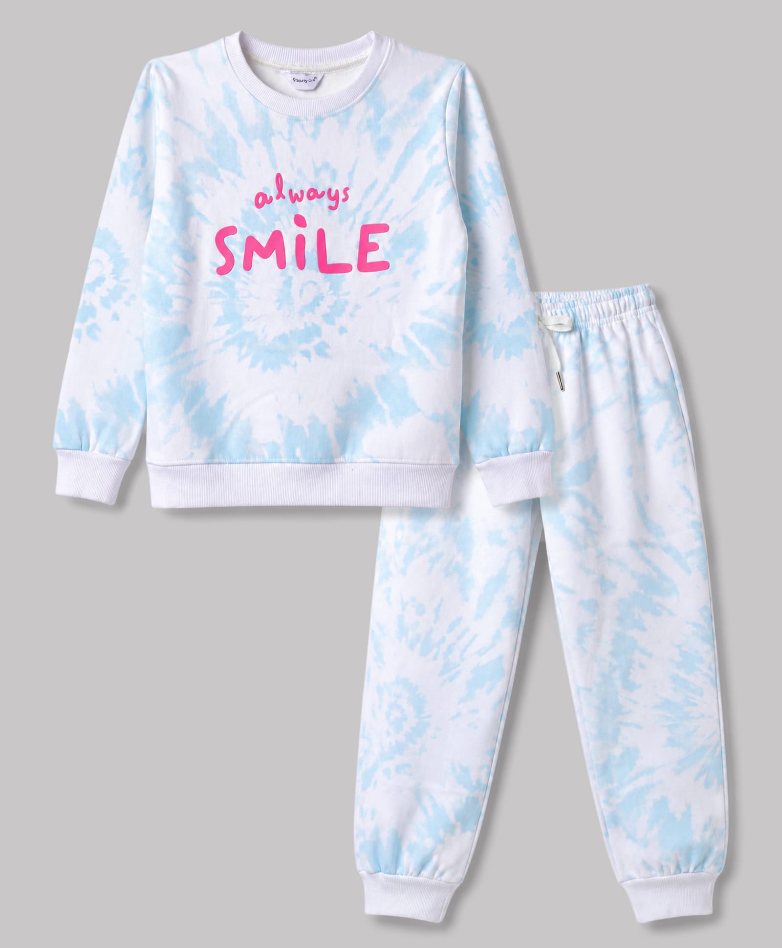 Smarty Girls Fleece Woven Full Sleeves Sweatshirt & Pant Tie & Dye Effect Winter Wear Suit With Text Print - Light Blue-image-42