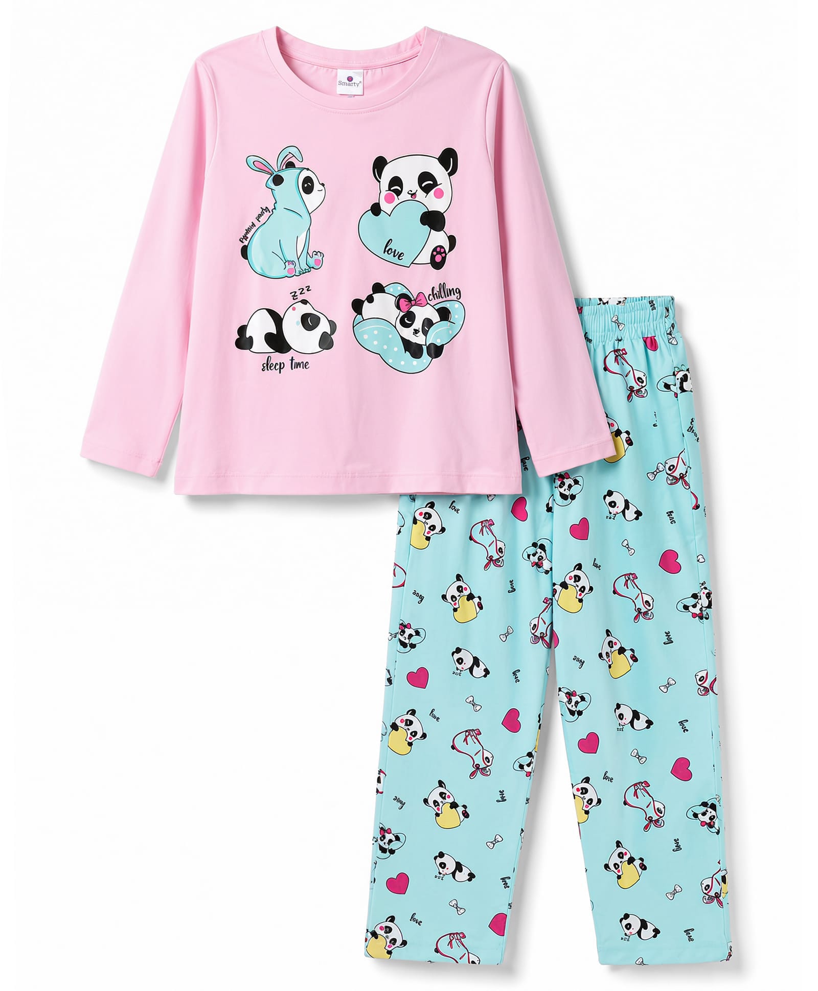 Smarty Girls Looper Knit Full Sleeves T-Shirt & Pyjama Night Suit With Panda Print - Blue & Pink-picture-15