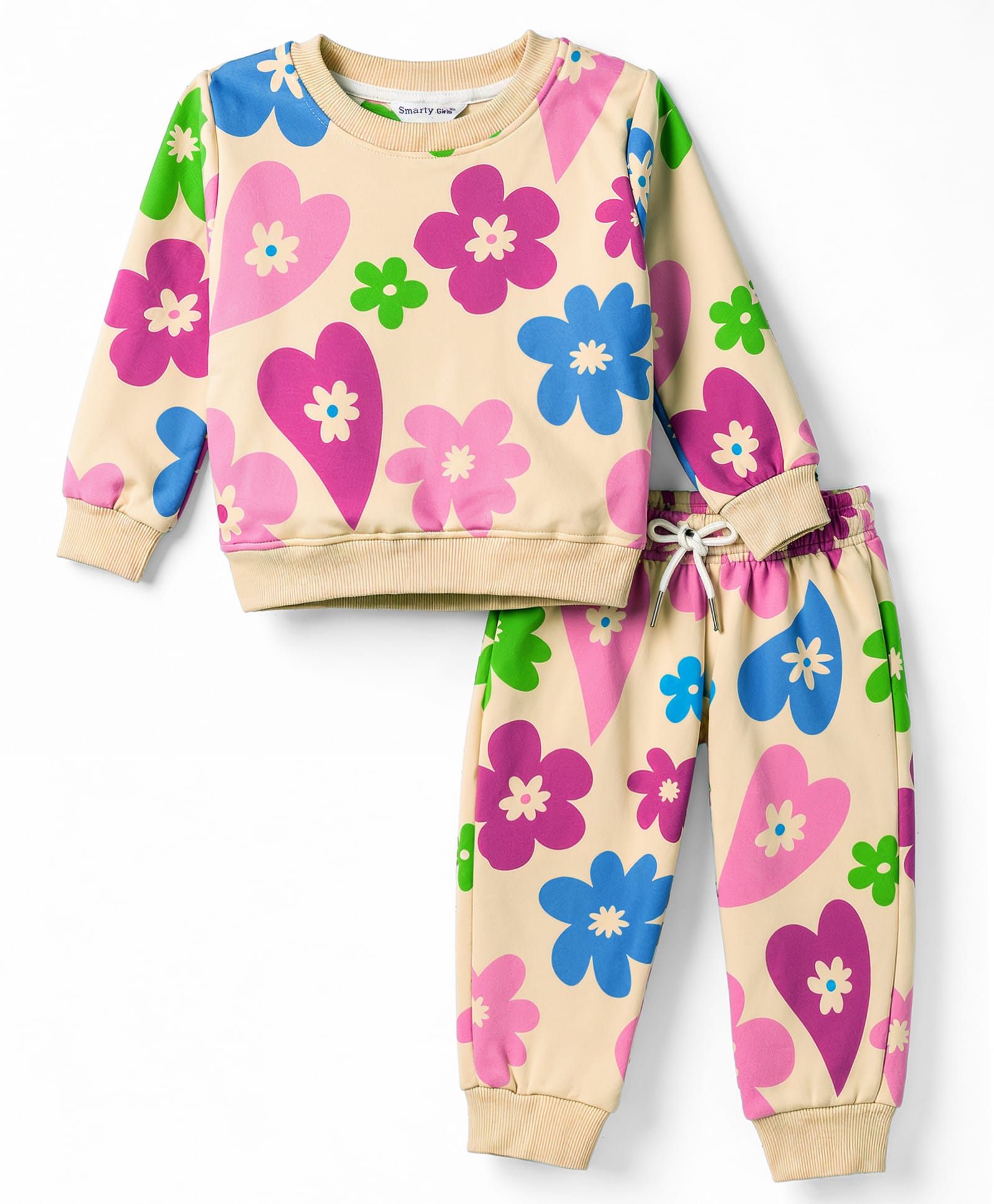 Smarty Girls Fleece Woven Full Sleeves Sweatshirt & Pant Winter Wear Suit With Floral Print - Offwhite-picture-46