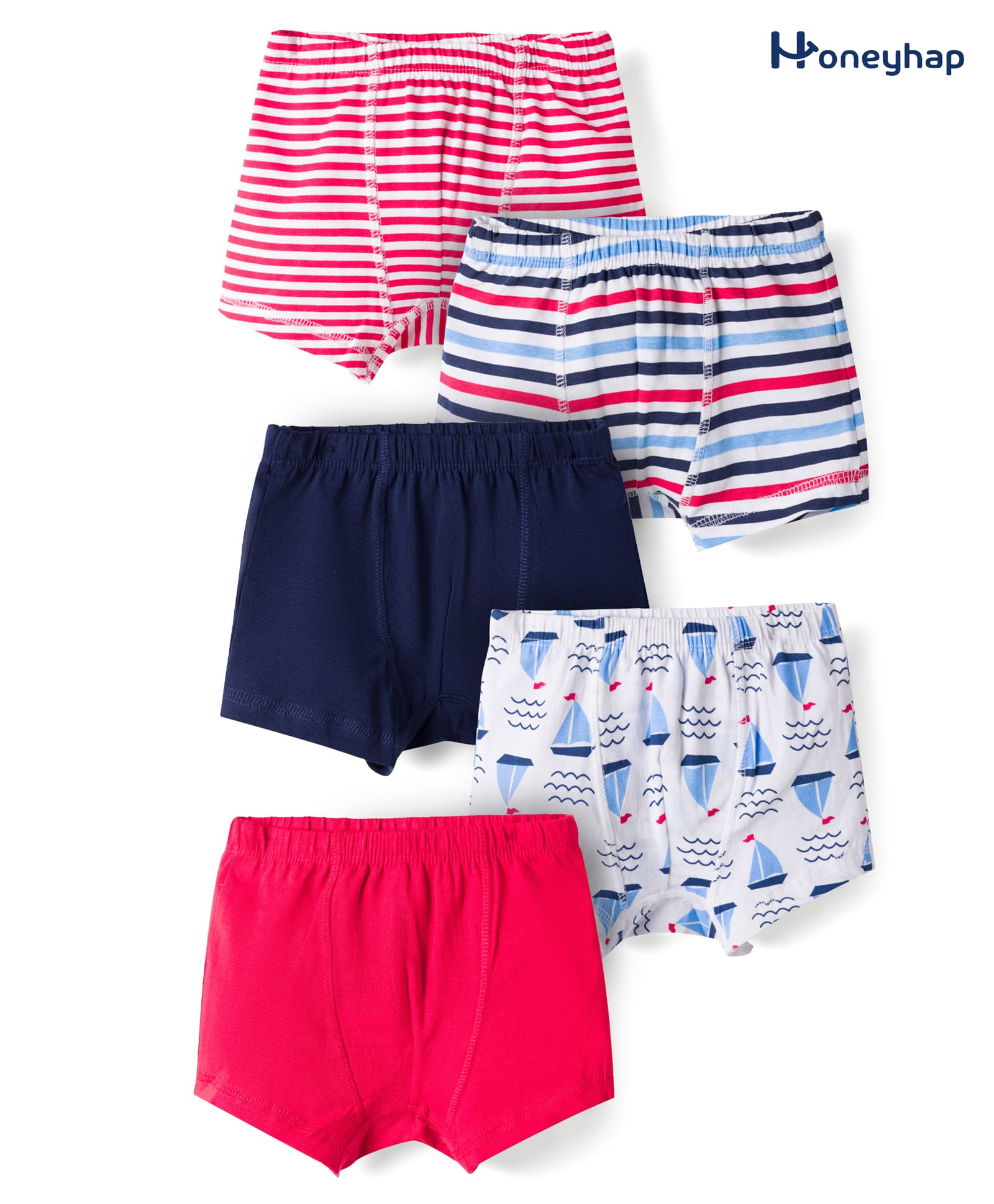 Honeyhap Premium Cotton Elastane Striped Trunks With Boat Print & Bio Finish Pack of 5 - Bright White High Risk Red Bright White & Navy Peony-picture-45