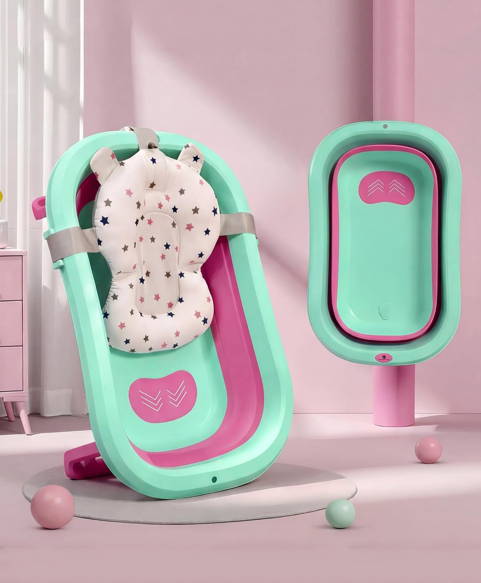 StarAndDaisy Bath Tub for Baby 0-3 Years/Foldable Bath tub for Kids with Cushion, Space Saving Design, Newborn Baby Folding Bathing Tub Girls & Boys, Easy to Store -Green Pink-picture-21