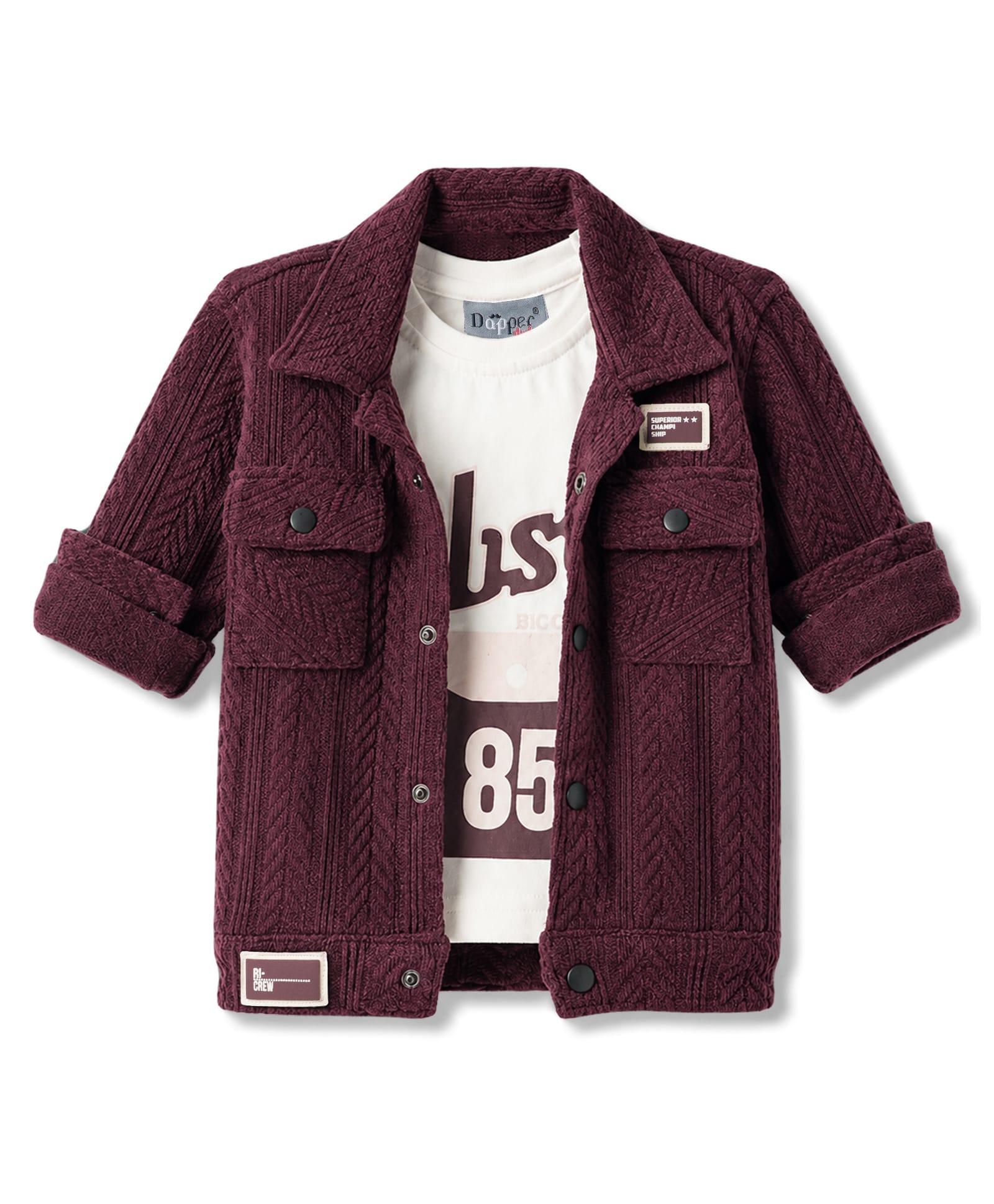 Dapper Dudes Cotton Woven Full Sleeves Jacket With Text Printed T-Shirt - Wine-picture-22
