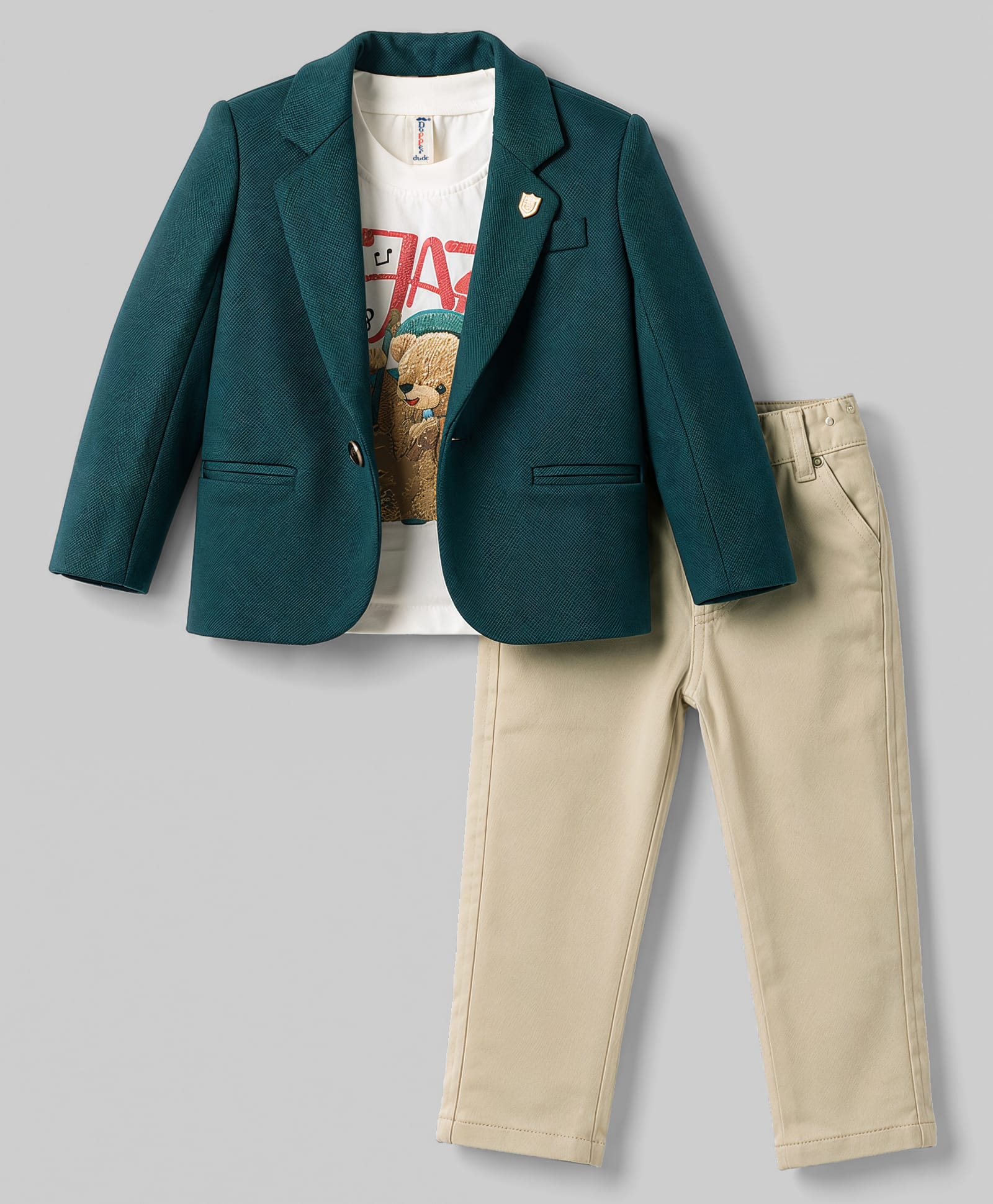 Dapper Dudes Knit Full Sleeves Textured Blazer With Bear Printed Tee & Pant - Green-image-17