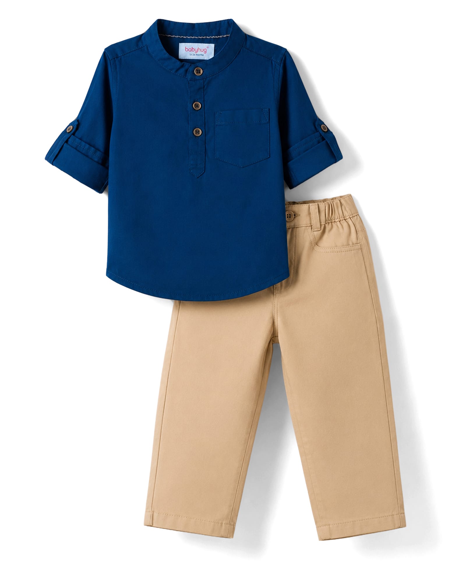Babyhug Cotton Woven Full Sleeves Solid Color Shirt & Pant Set - Blue & Beige-image-10