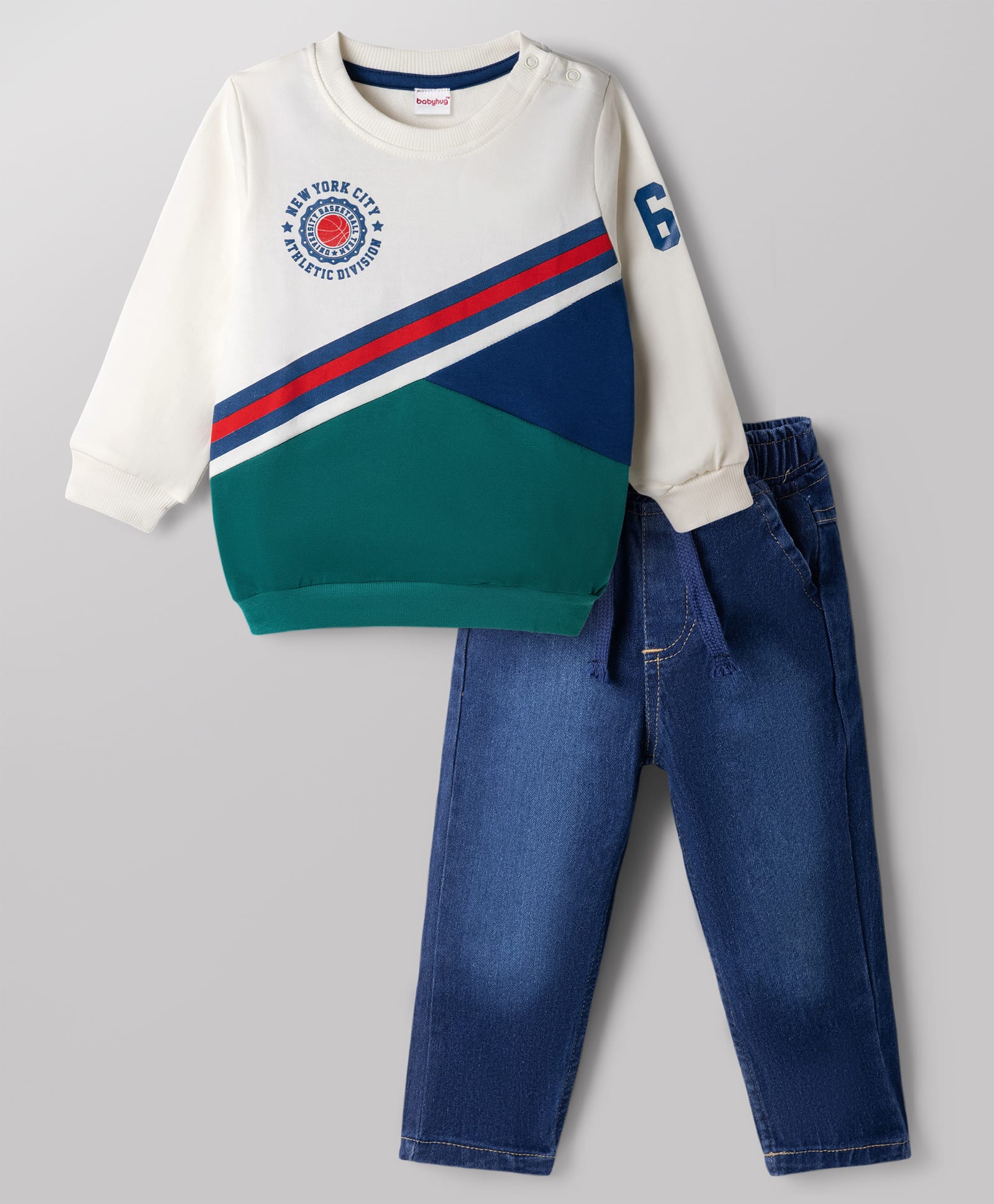 Babyhug Terry Knit Full Sleeves T-Shirt & Denim Jeans Set with New York Print & Cut & Sew Design - White & Green-image-34