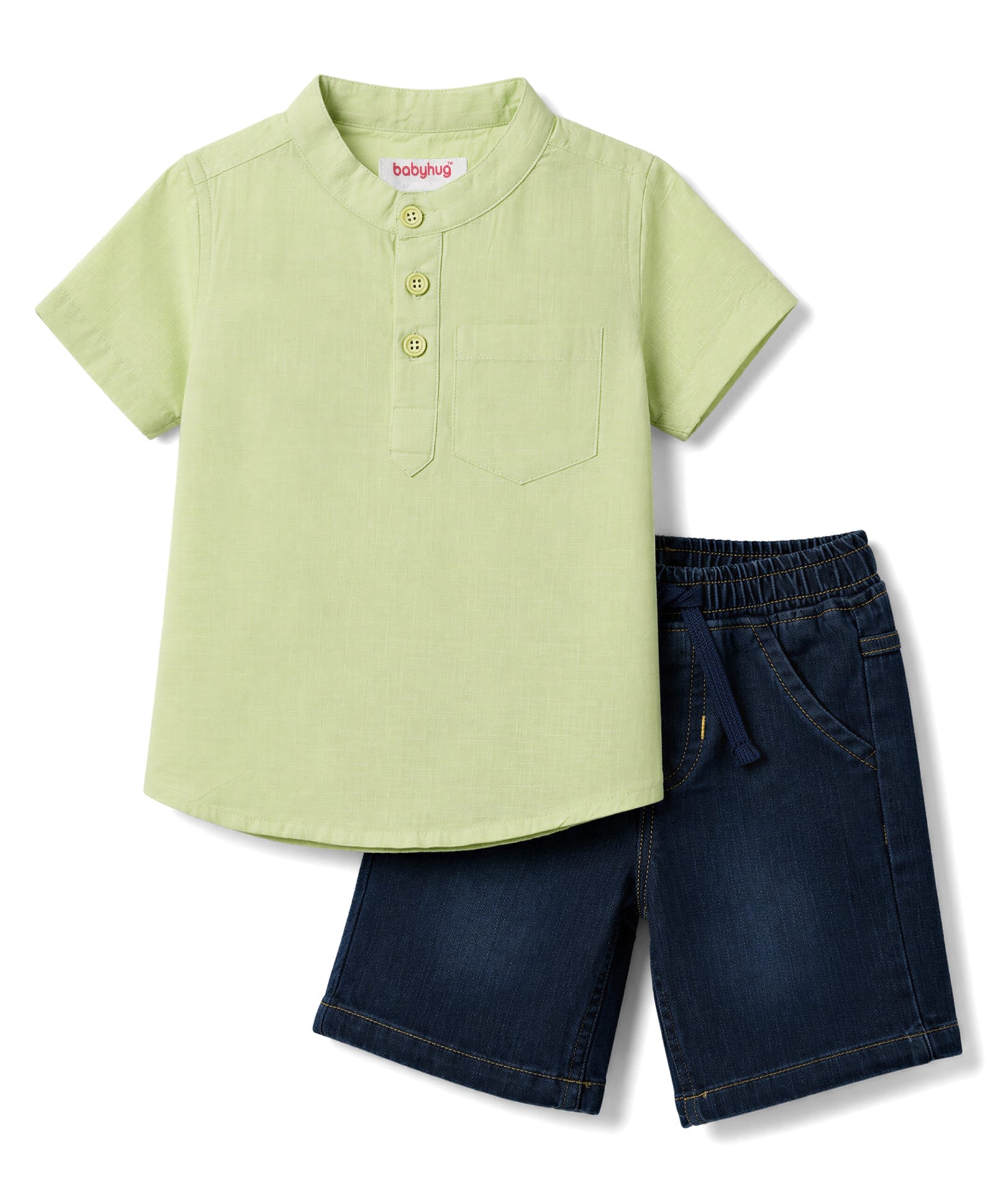 Babyhug Cotton Woven Half Sleeves Solid Colour Kurta Style Shirt & Denim Shorts Set - Light Green & Navy-picture-11