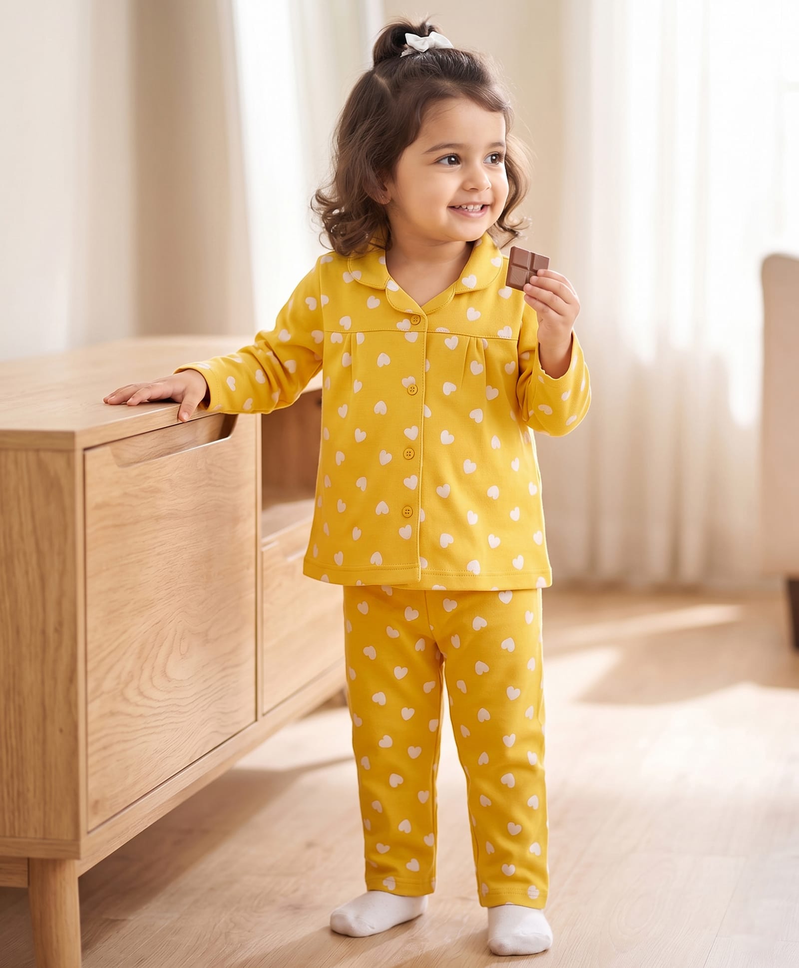 Babyhug Cotton Knit Full Sleeves Top & Pyjama Night Suit Co-ords With Heart Print - Yellow-image-8
