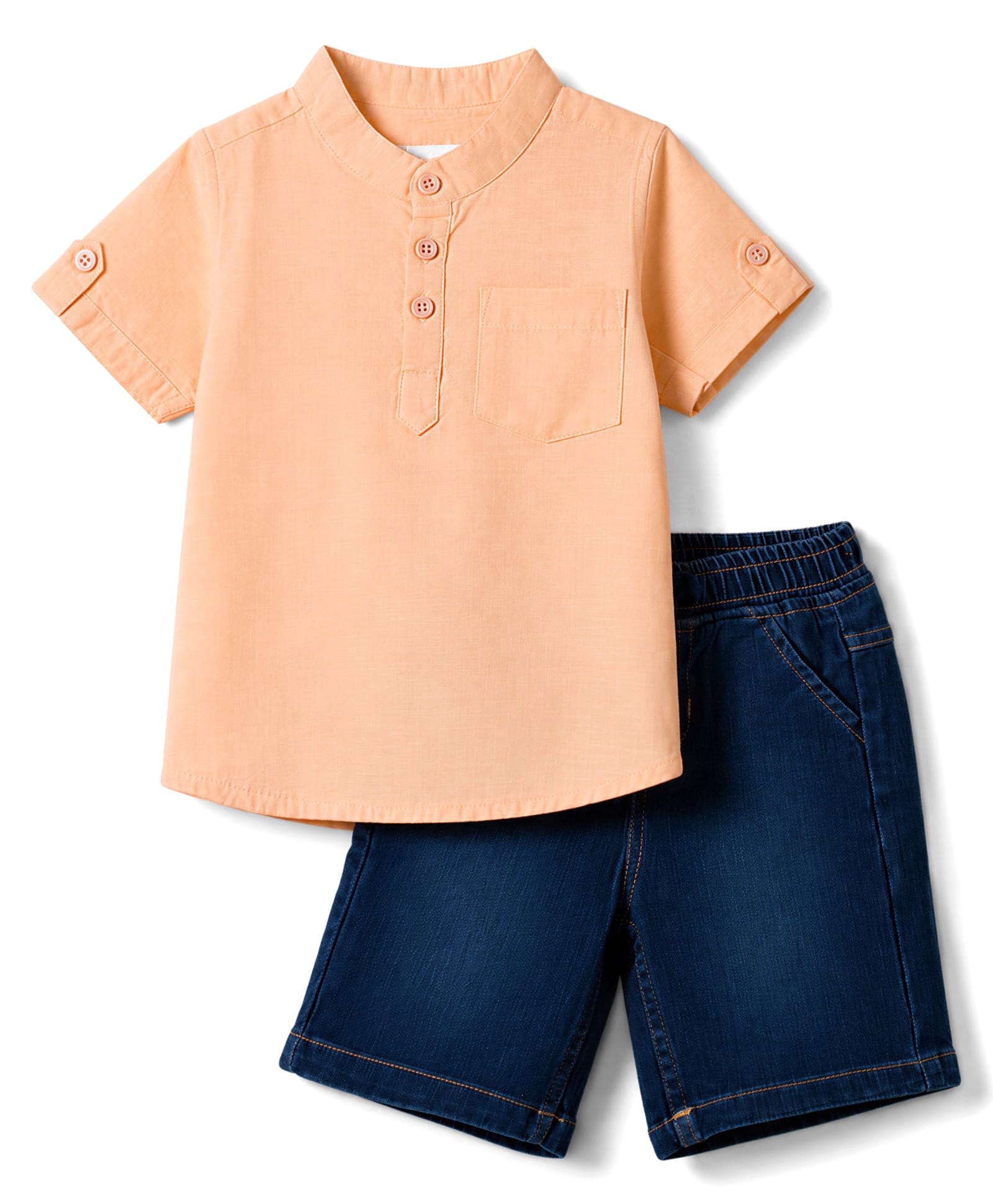 Babyhug Cotton Woven Half Sleeves Solid Color Shirt & Denim Shorts Set - Peach & Blue-image-27
