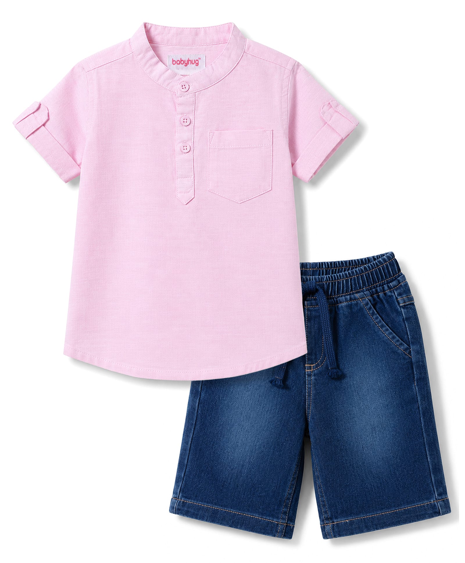 Babyhug Cotton Woven Half Sleeves Shirt & Denim Shorts Set - Pink-image-14