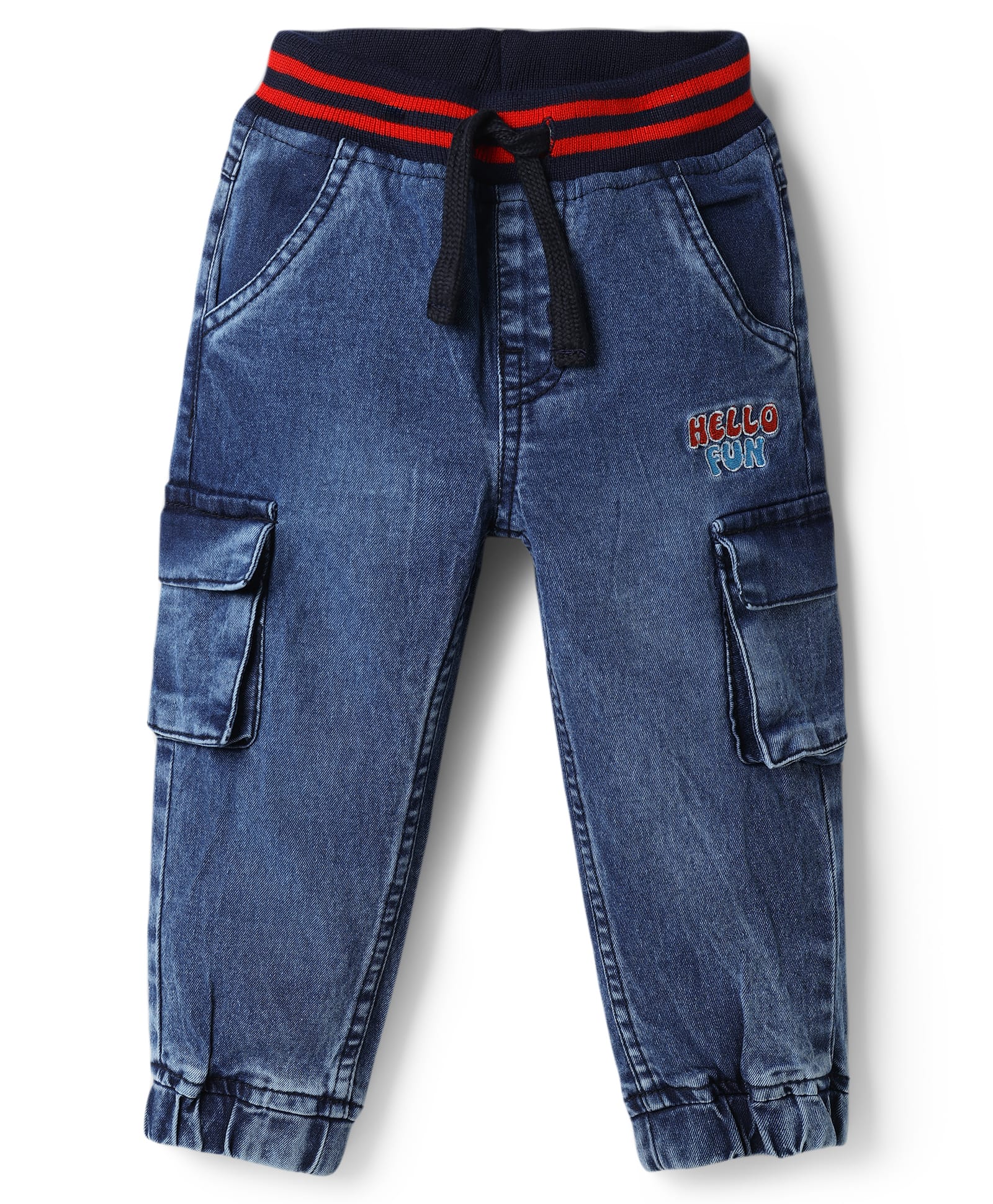 Babyhug Cotton Lycra Denim Full Length Text Embroidered Washed Jeans With Stretch & Cargo Pockets - Blue-picture-22