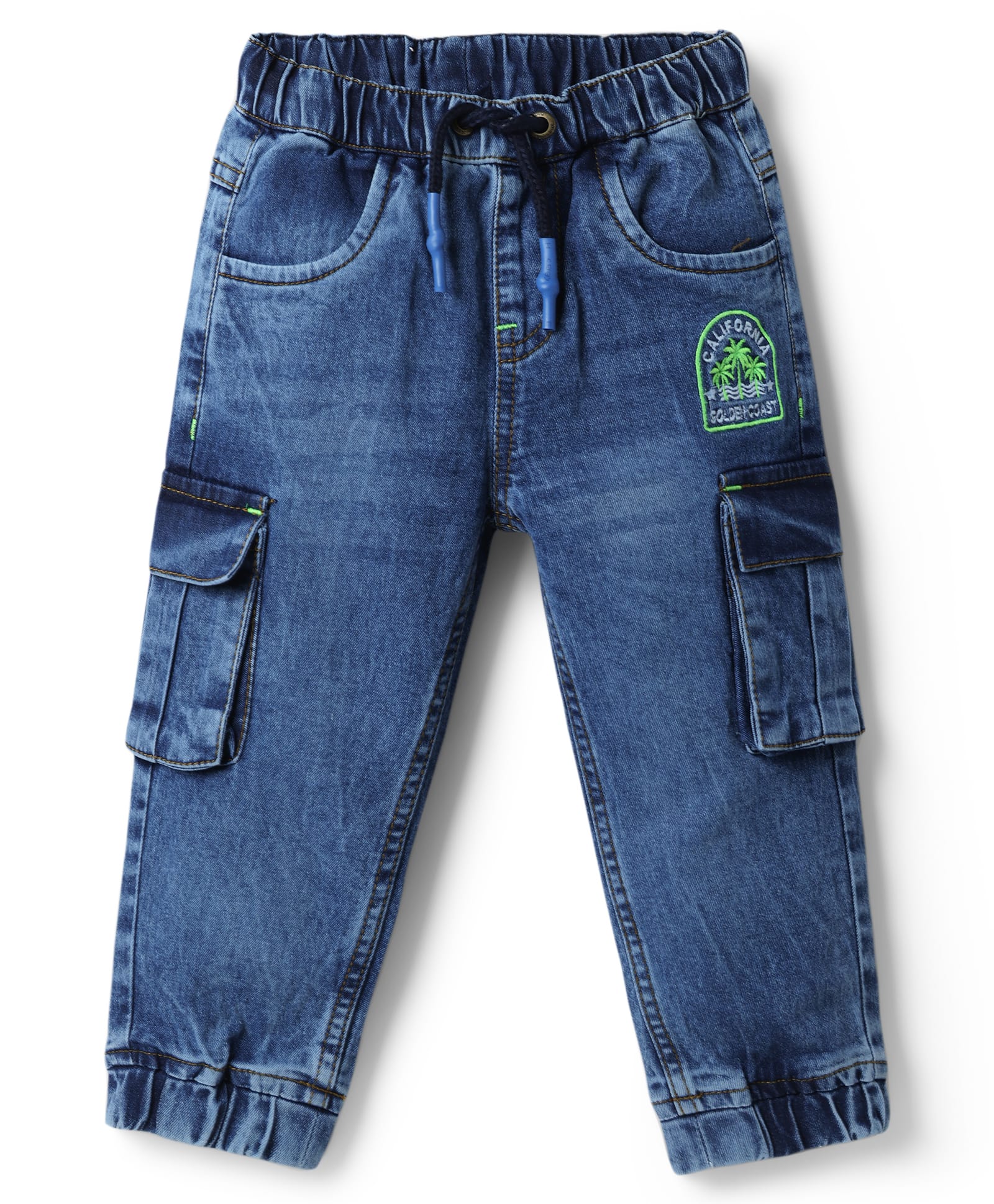 Babyhug Cotton Lycra Denim Full Length Beach Theme Embroidered Washed Jeans With Stretch & Cargo Pockets - Blue-picture-13