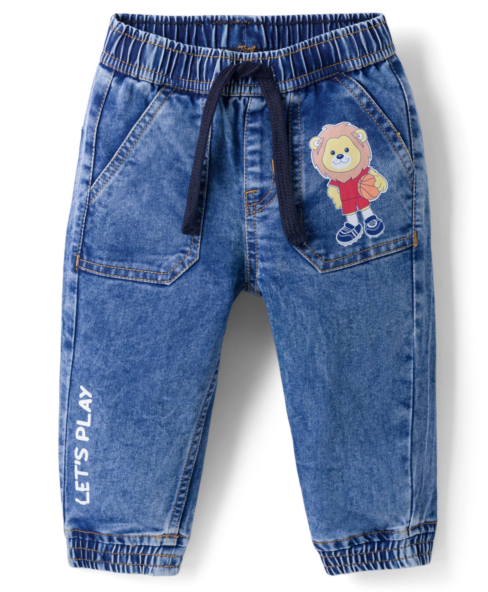 Babyhug Denim Full Length Washed Lion Printed Jeans with Stretch - Blue-picture-23