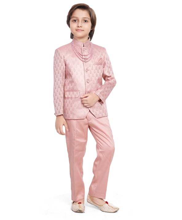 Earth Conscious Jacquard Woven Full Sleeves Abstract Printed Jodhpuri Sherwani & Pants Set - Peach-picture-24