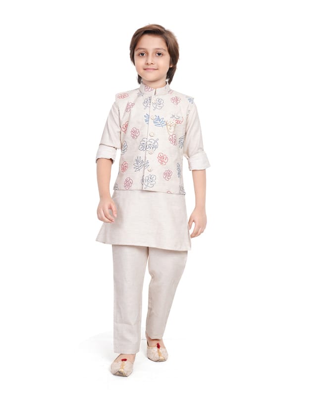 Earth Conscious Linen Woven Full Sleeves Solid Kurta & Pyjama With Leaf Embroidered Jacket - Off White-picture-14