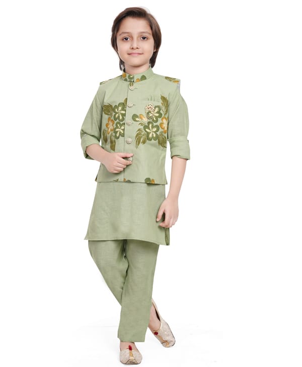 Earth Conscious Linen Woven Full Sleeves Solid Kurta & Pyjama With Floral Embroidered Jacket - Green-picture-24