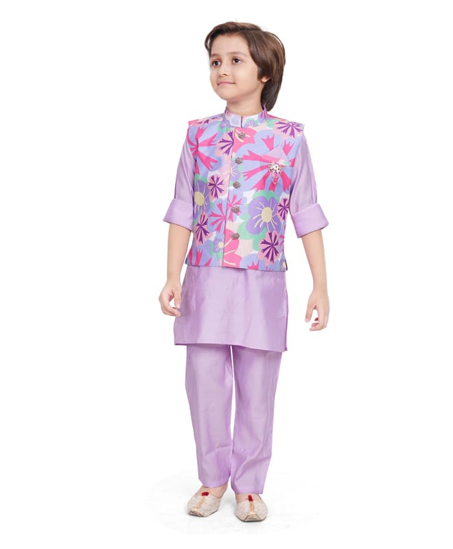 Earth Conscious Viscose Woven Full Sleeves Solid Kurta & Pyjama With Floral Printed Jacket - Lavender-picture-21