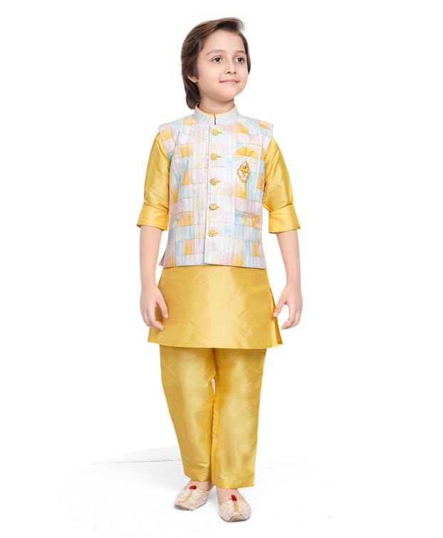 Earth Conscious Viscose Woven Full Sleeves Solid Kurta & Pyjama With Geometric Printed Jacket - Yellow-picture-13