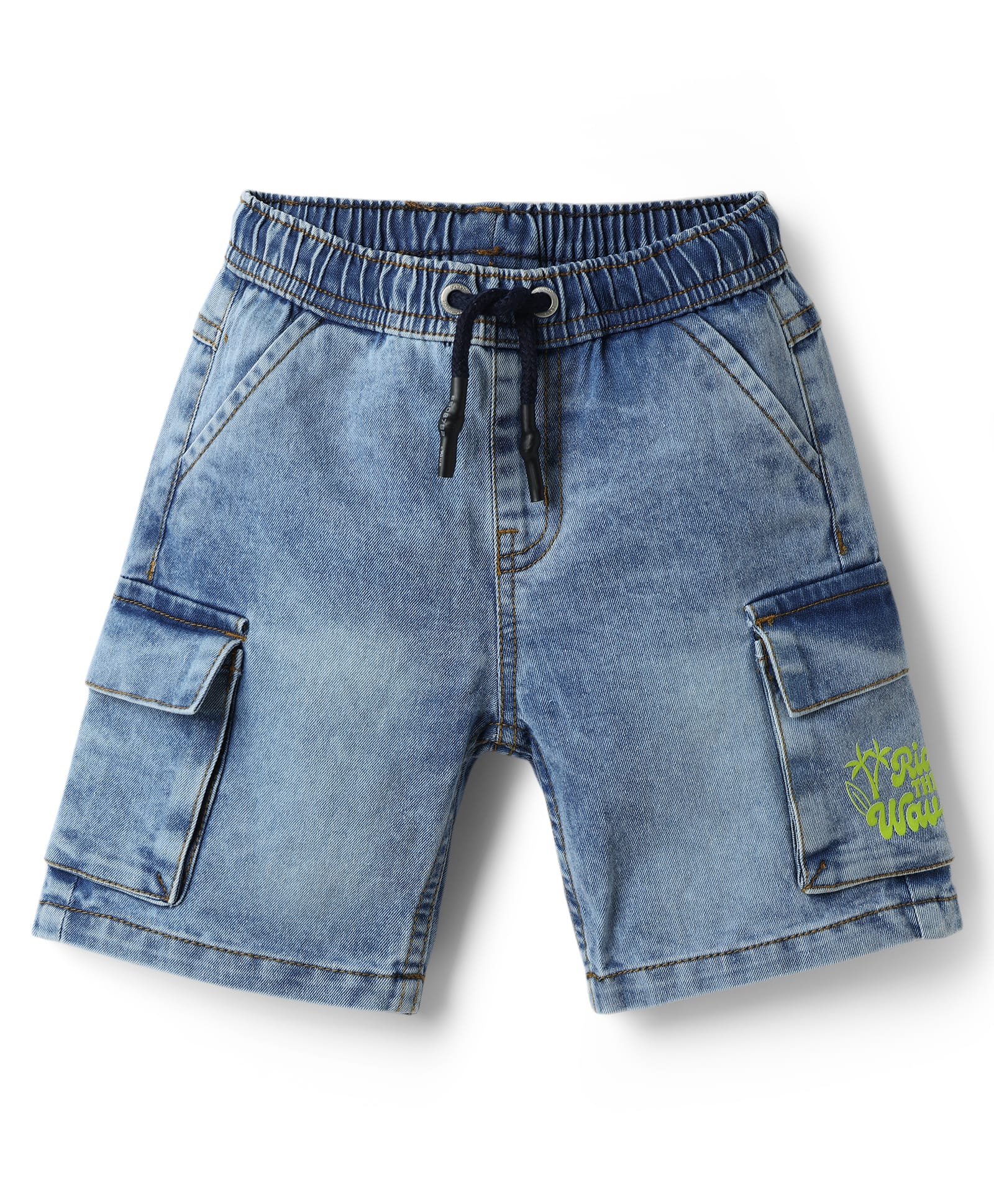 Babyhug Cotton Lycra Denim Mid Thigh Beach Theme Printed Washed Shorts With Cargo Pockets & Stretch - Blue-image-32
