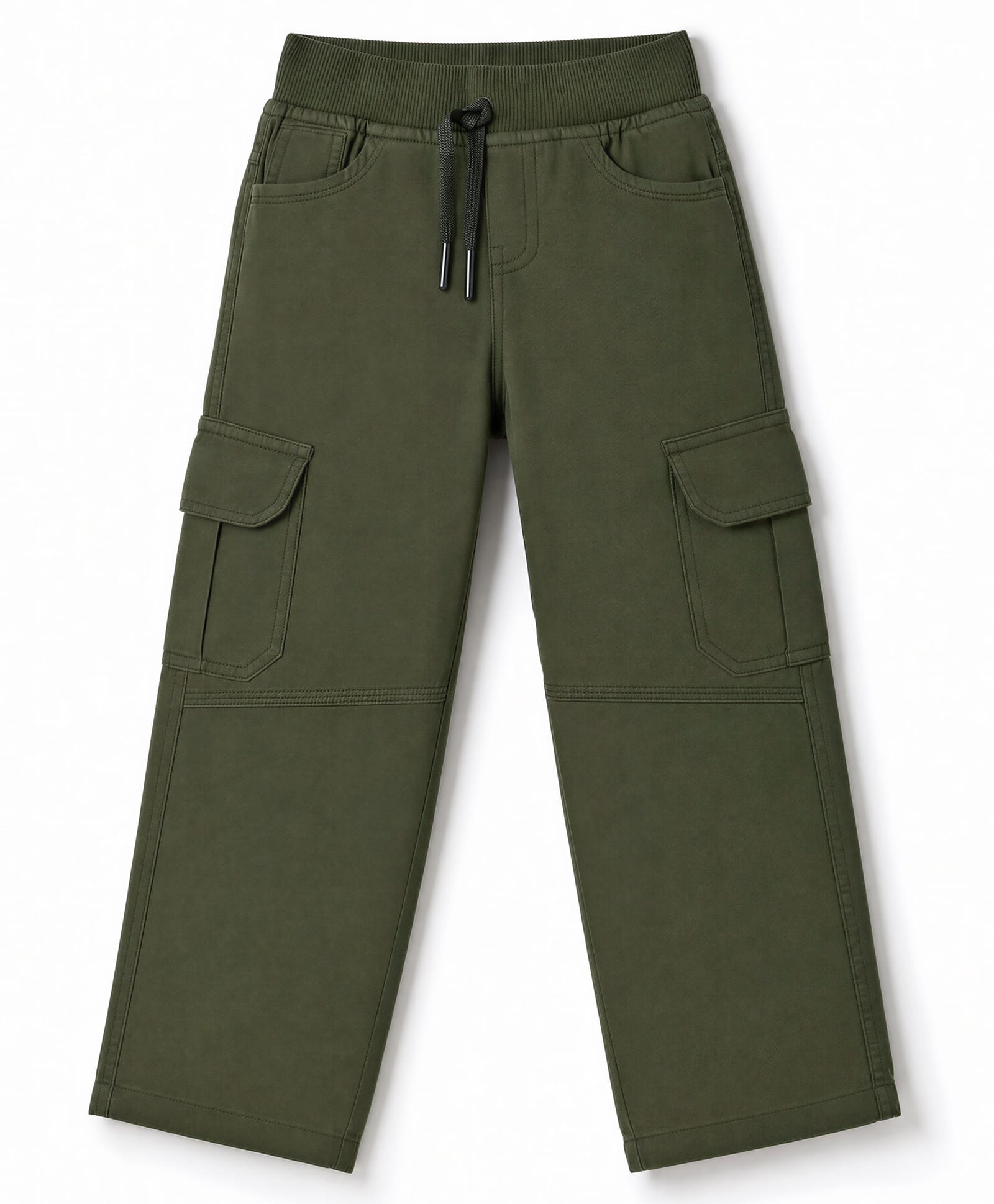 Olio Kids Cotton Woven Full Length Solod Color Trousers with Cargo Pockets - Olive Green-picture-18