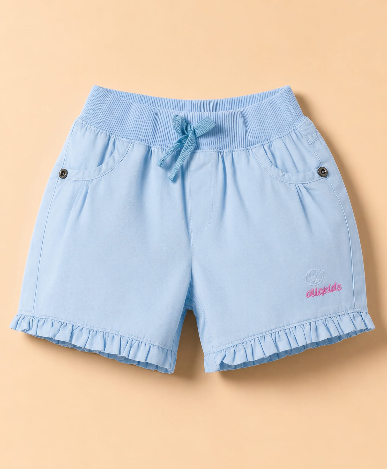 Olio Kids Cotton Knit Above Knee Length Shorts with Text Embroidery & Frill Detailing - Sky Blue-picture-31