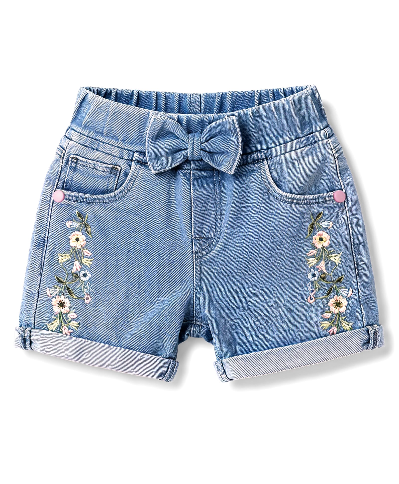 Olio Kids Denim Knit Above Knee Length Shorts with Floral Embroidery & Bow Applique- Light Blue-picture-10