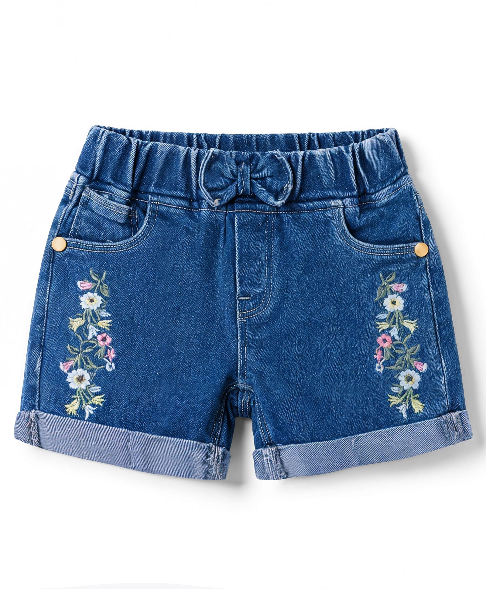 Olio Kids Denim Knit Above Knee Length Shorts with Floral Embroidery & Bow Applique- Royal Blue-image-2
