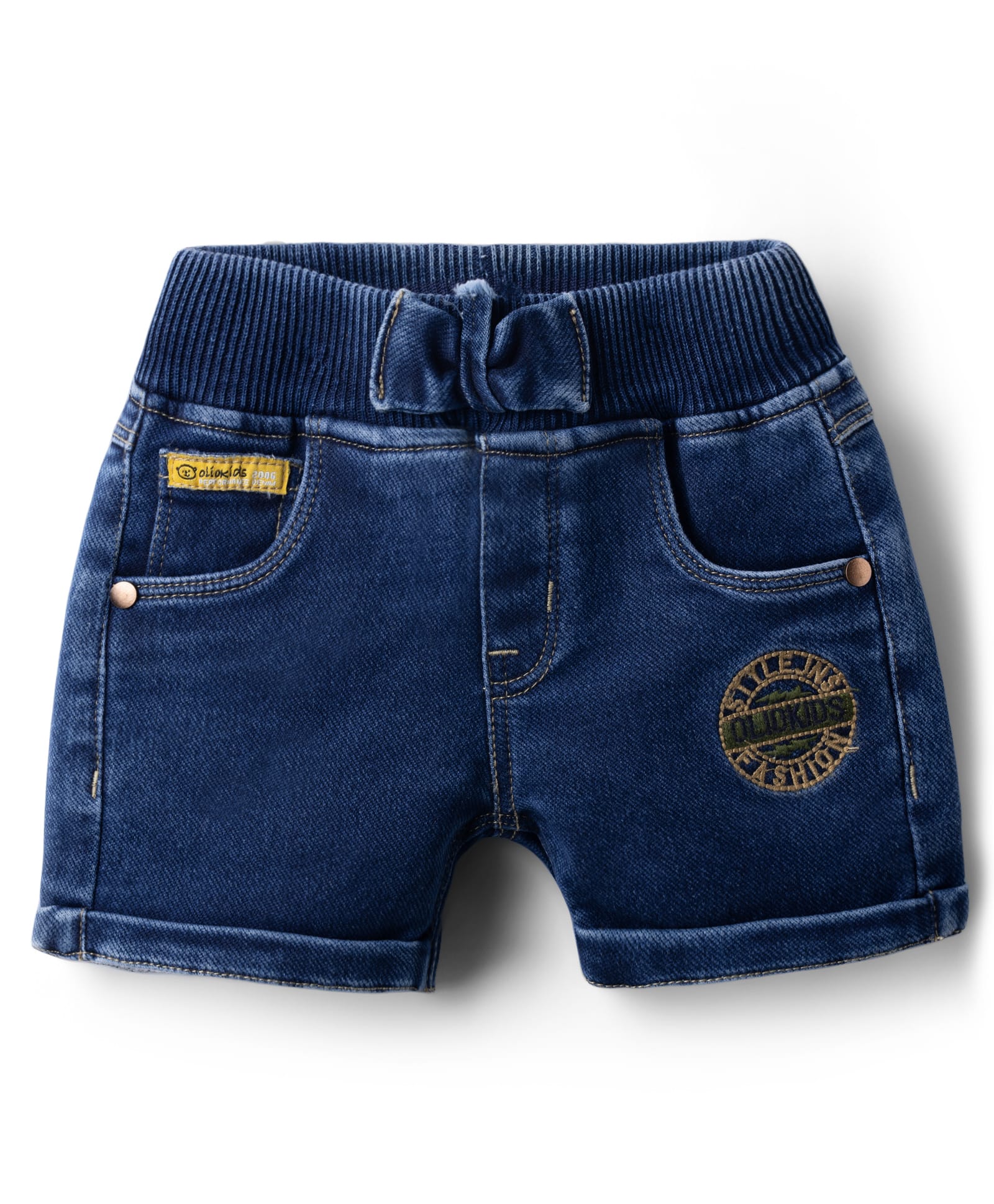 Olio Kids Denim Knit Above Knee Length Shorts with Embroidered Text Badge - Navy Blue-picture-2