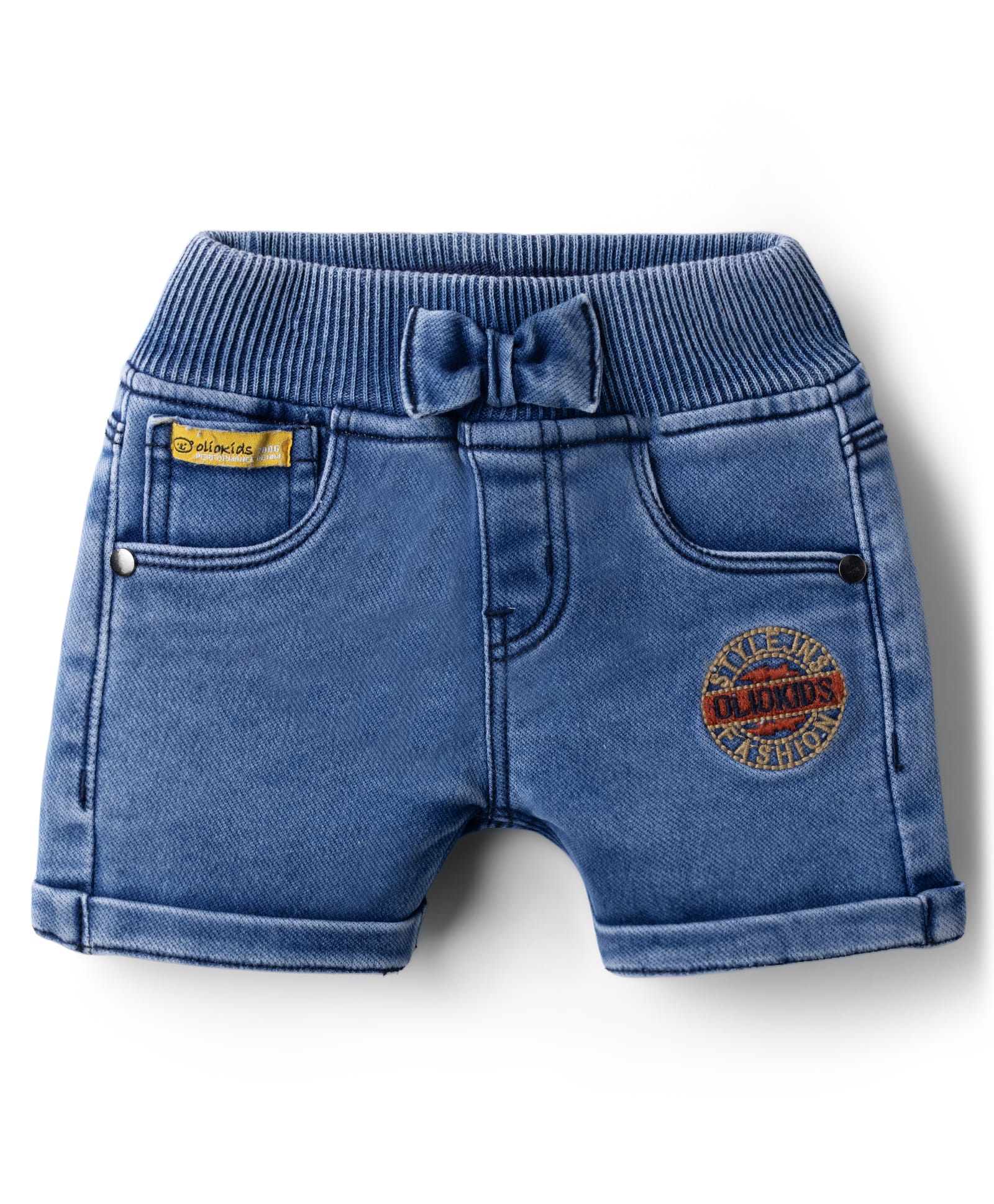 Olio Kids Denim Knit Above Knee Length Shorts with Embroidered Text Badge - Blue-picture-25