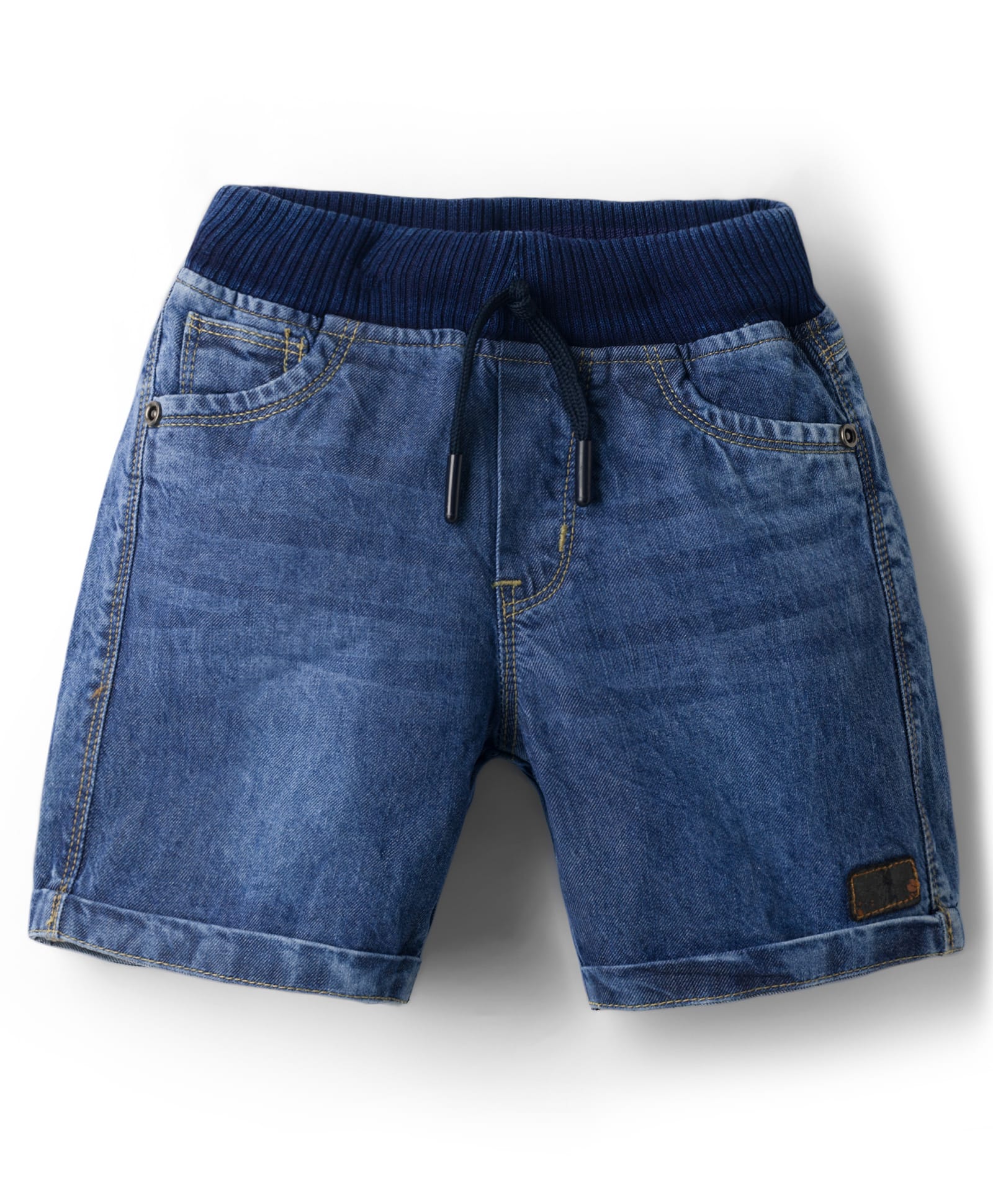 Olio Kids Denim Knit Above Knee Length Shorts with Text Patch - Blue-image-6