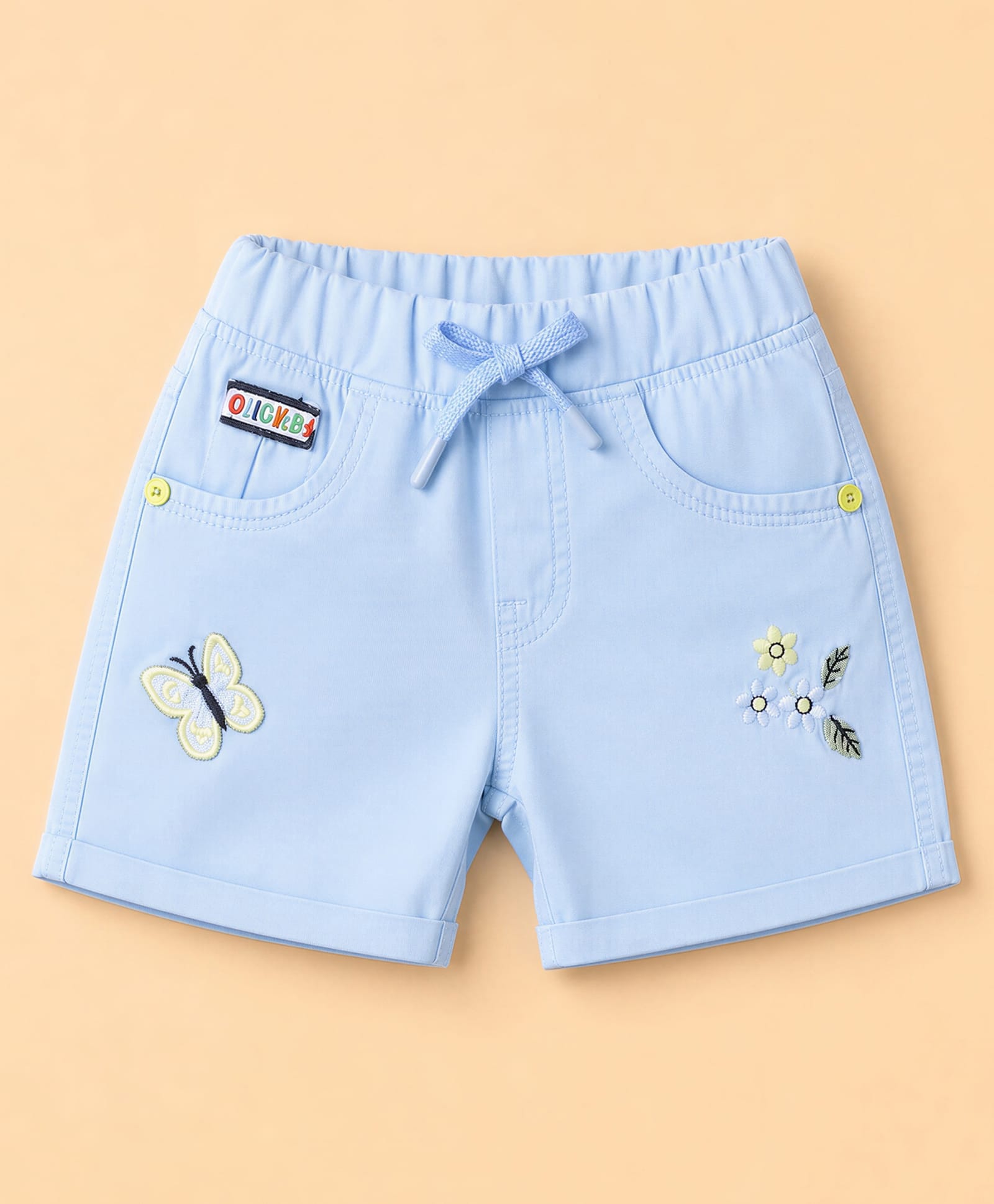 Olio Kids Denim Knit Above Knee Length Shorts with Floral & Butterfly Embroidery - Sky Blue-picture-18