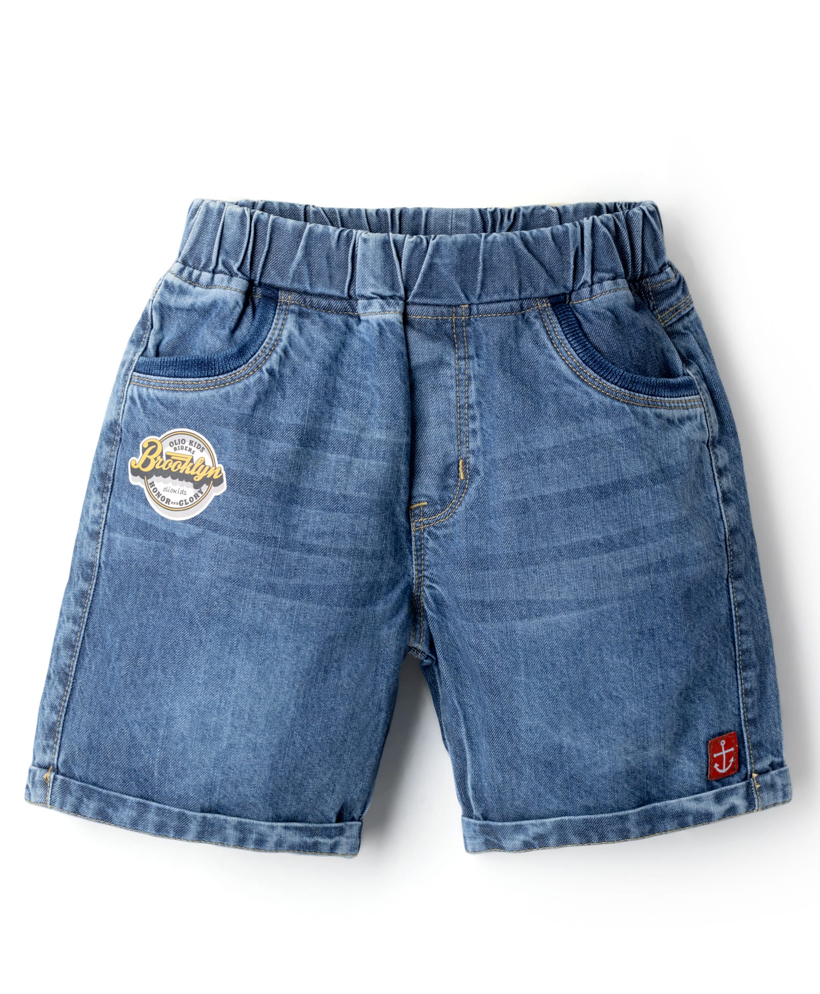 Olio Kids Denim Knit Above Knee Length Shorts with Floral & Butterfly Embroidery - Sky Blue-picture-11