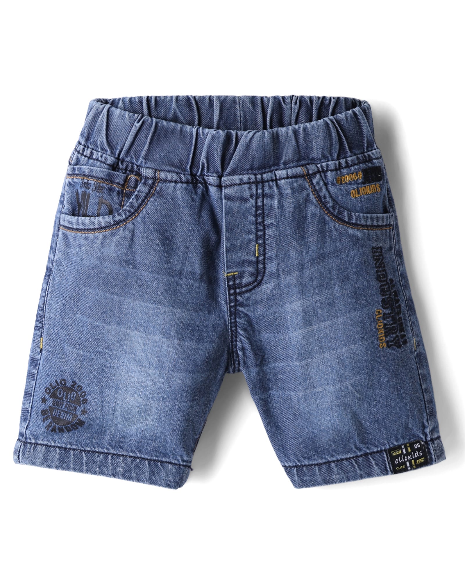 Olio Kids Denim Knit Above Knee Length Shorts with Text Embroidery - Blue-picture-25