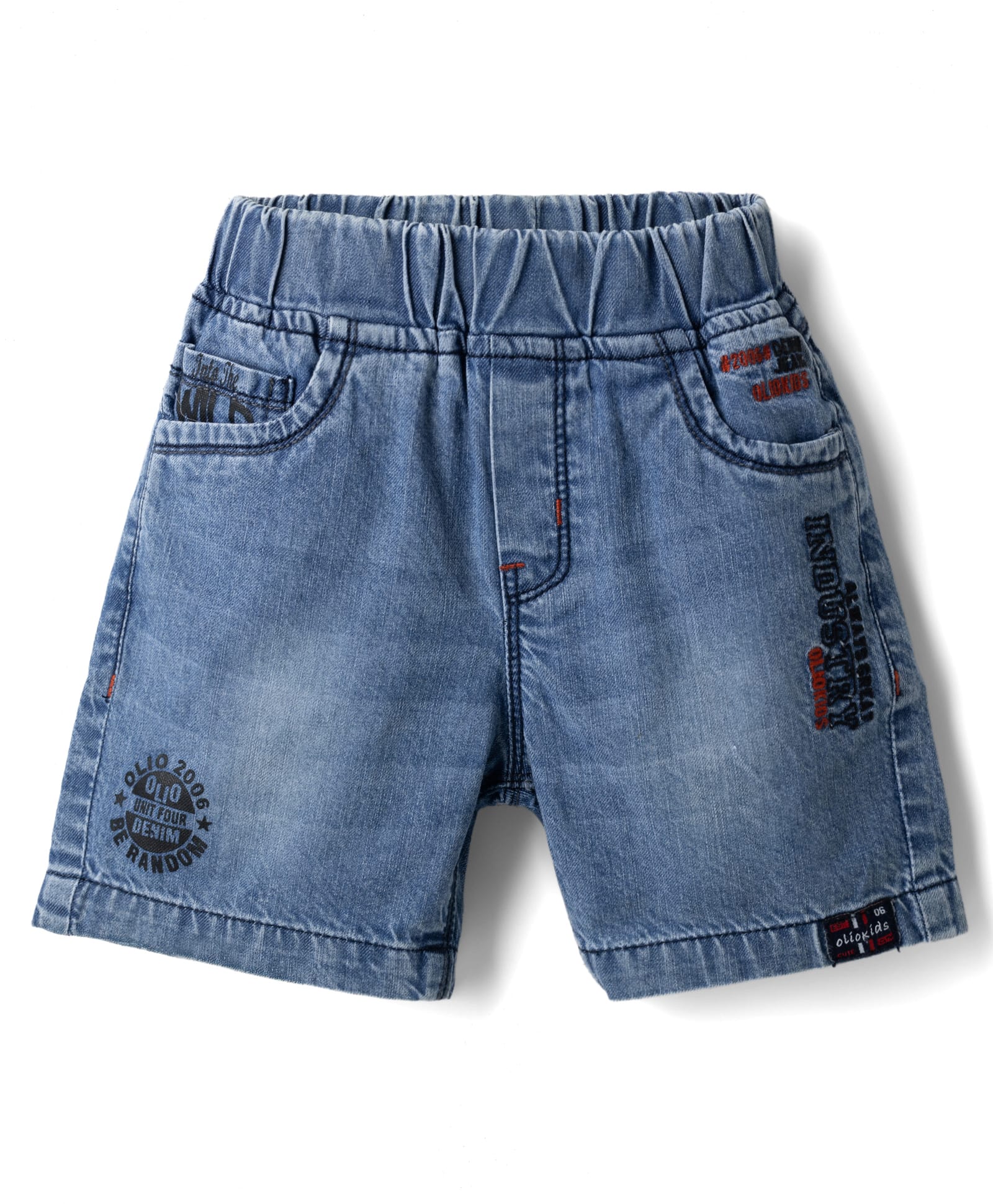 Olio Kids Denim Knit Above Knee Length Shorts with Text Embroidery - Sky Blue-image-34