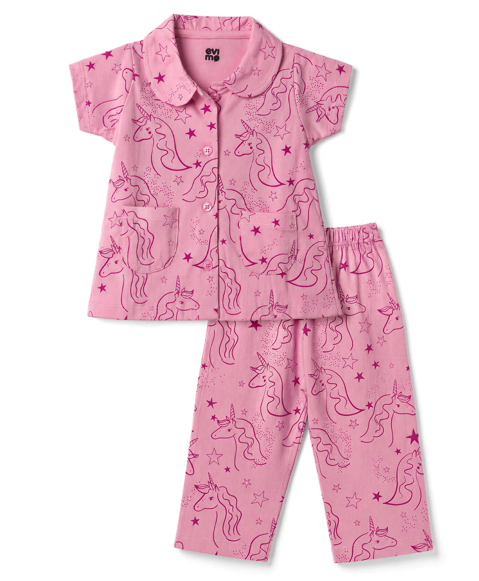 Evimo Single Jersey Knit Half Sleeves Co-Ords Unicorn Printed Shirt & Pajama Night Suit -Pink-picture-20